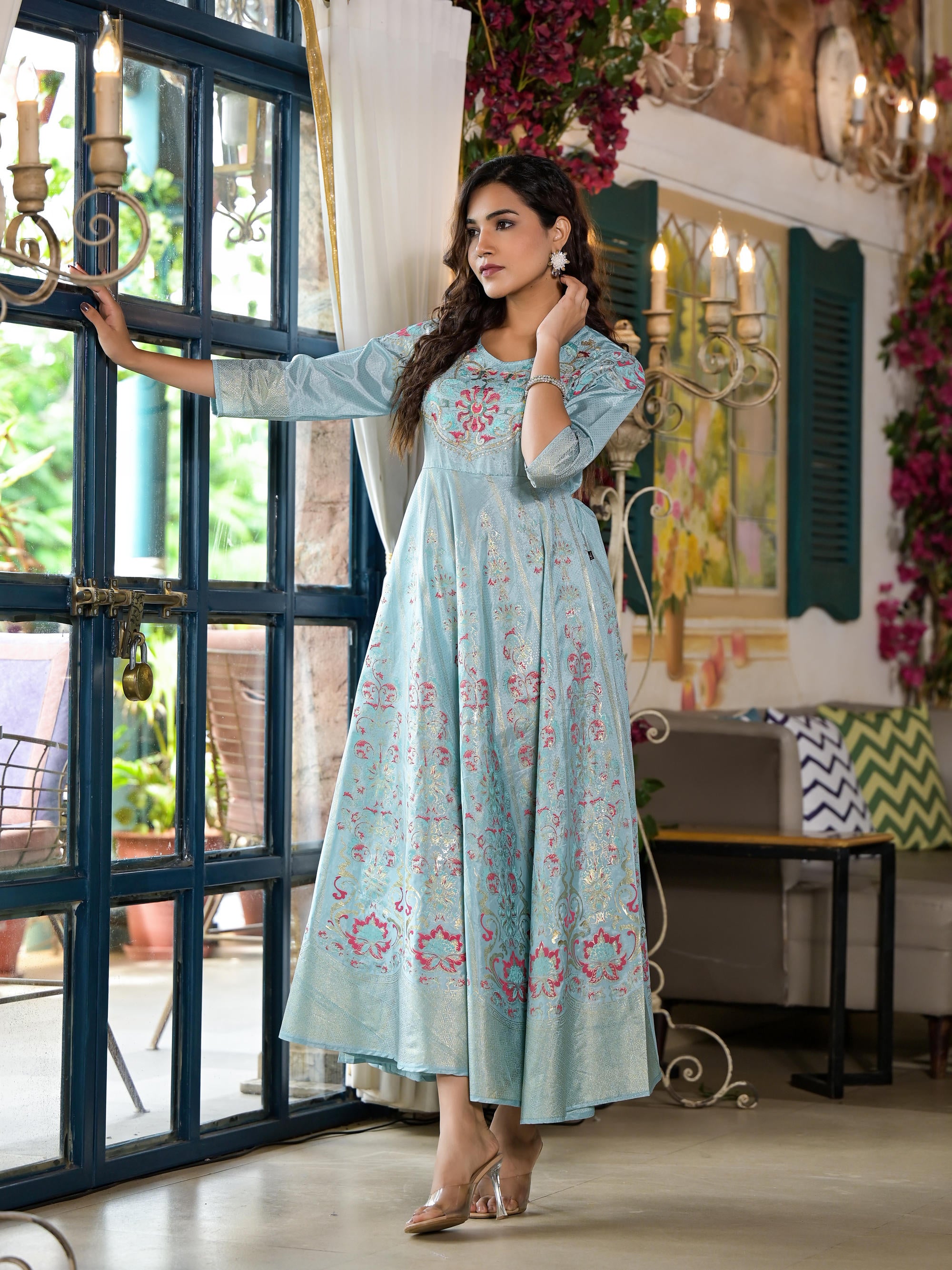 Sea Green Ethnic Motif Printed Santoon Dress With Sequins & Thread Work