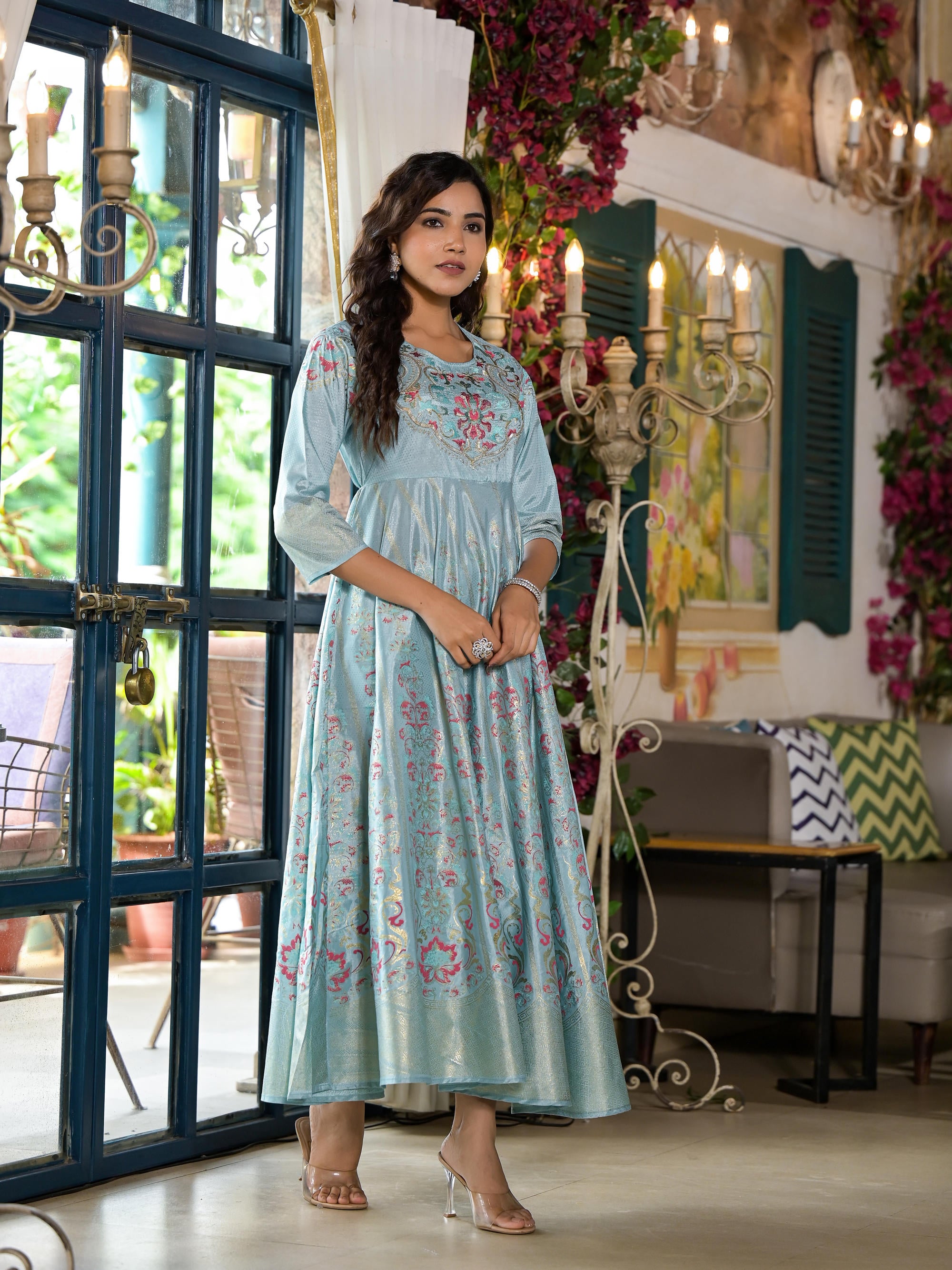 Sea Green Ethnic Motif Printed Santoon Dress With Sequins & Thread Work