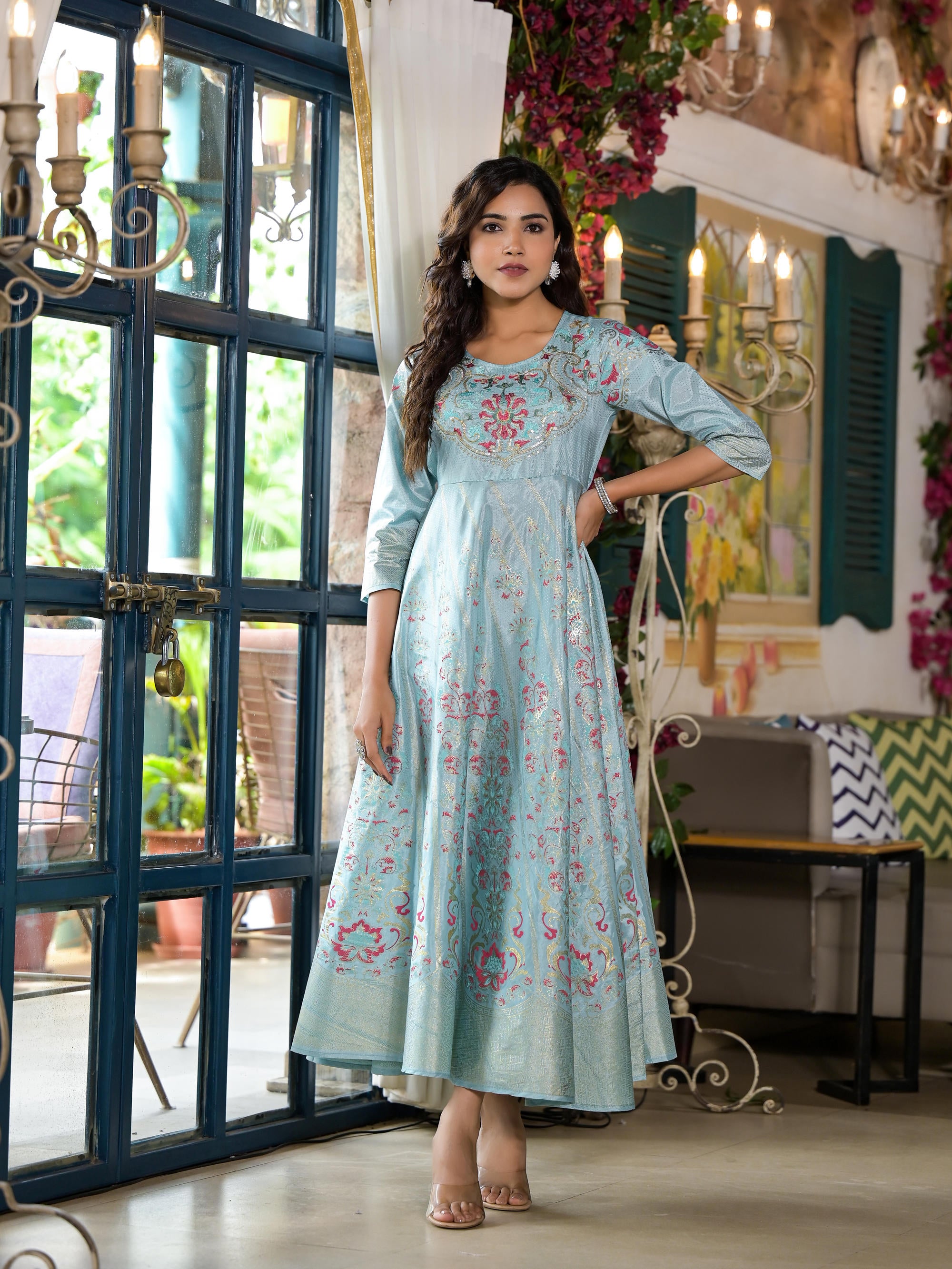 Sea Green Ethnic Motif Printed Santoon Dress With Sequins & Thread Work