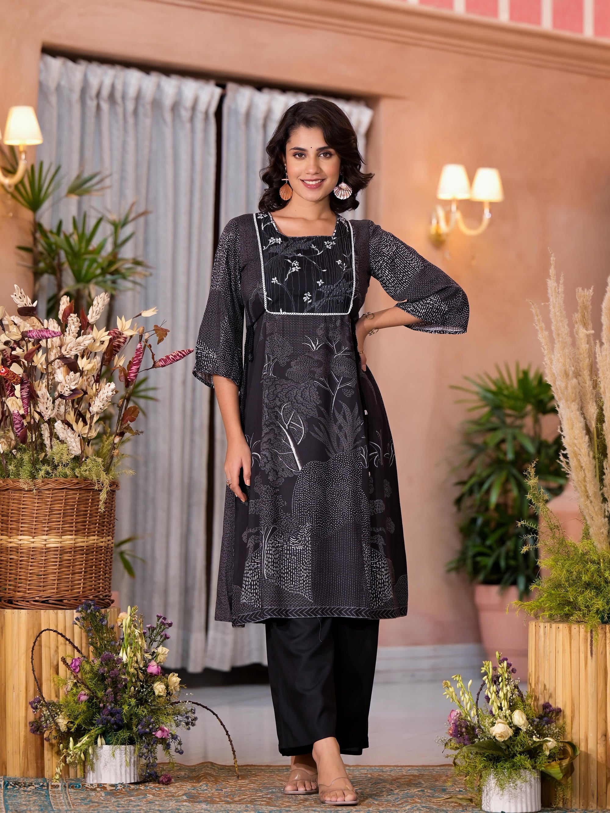 Black Abstract Printed Liva Rayon Kurta Pant And Dupatta Set With Sequins & Thread Work