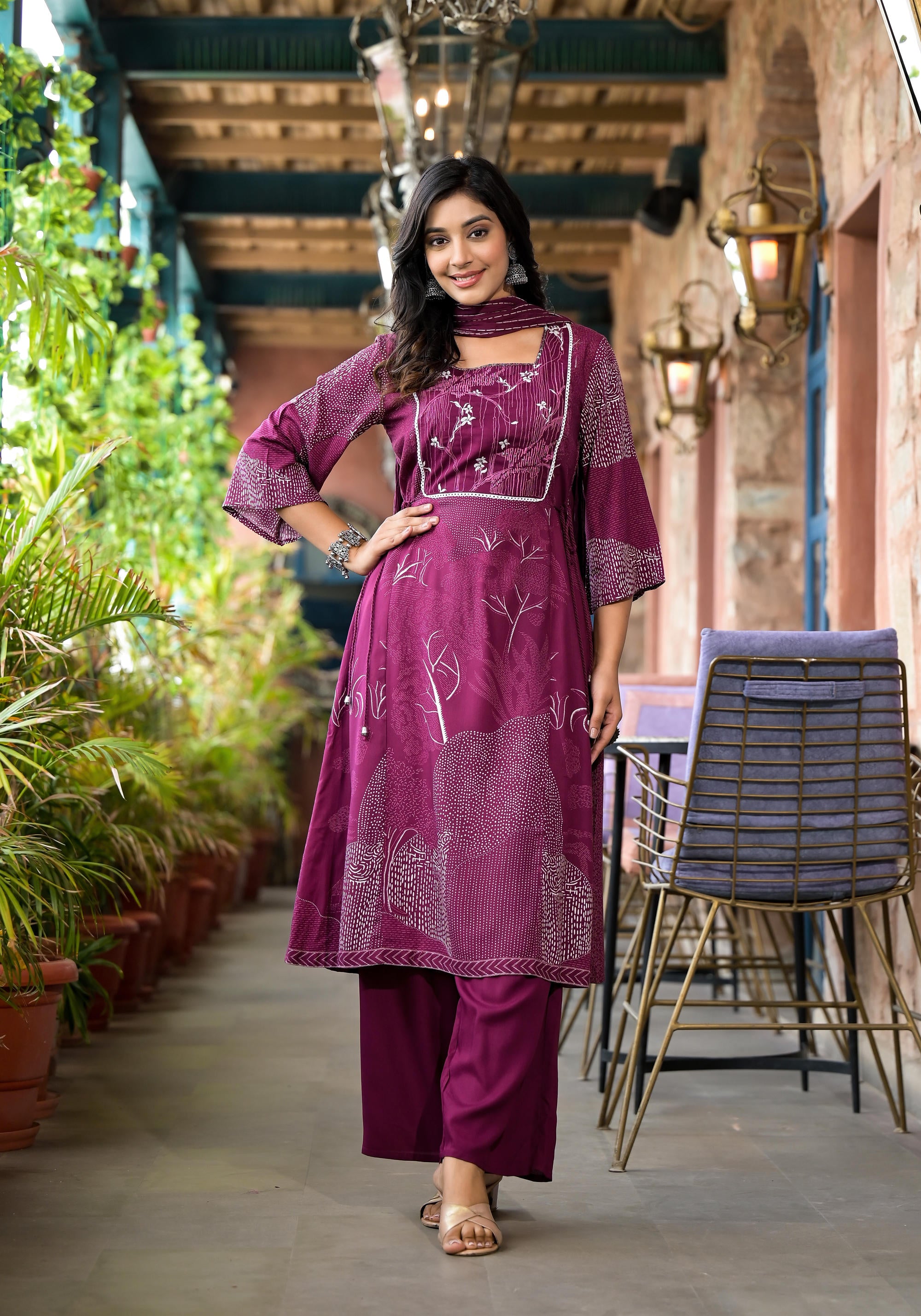 Wine Abstract Printed Liva Rayon A-Lined Kurta Pant And Dupatta Set With Doris At Waist