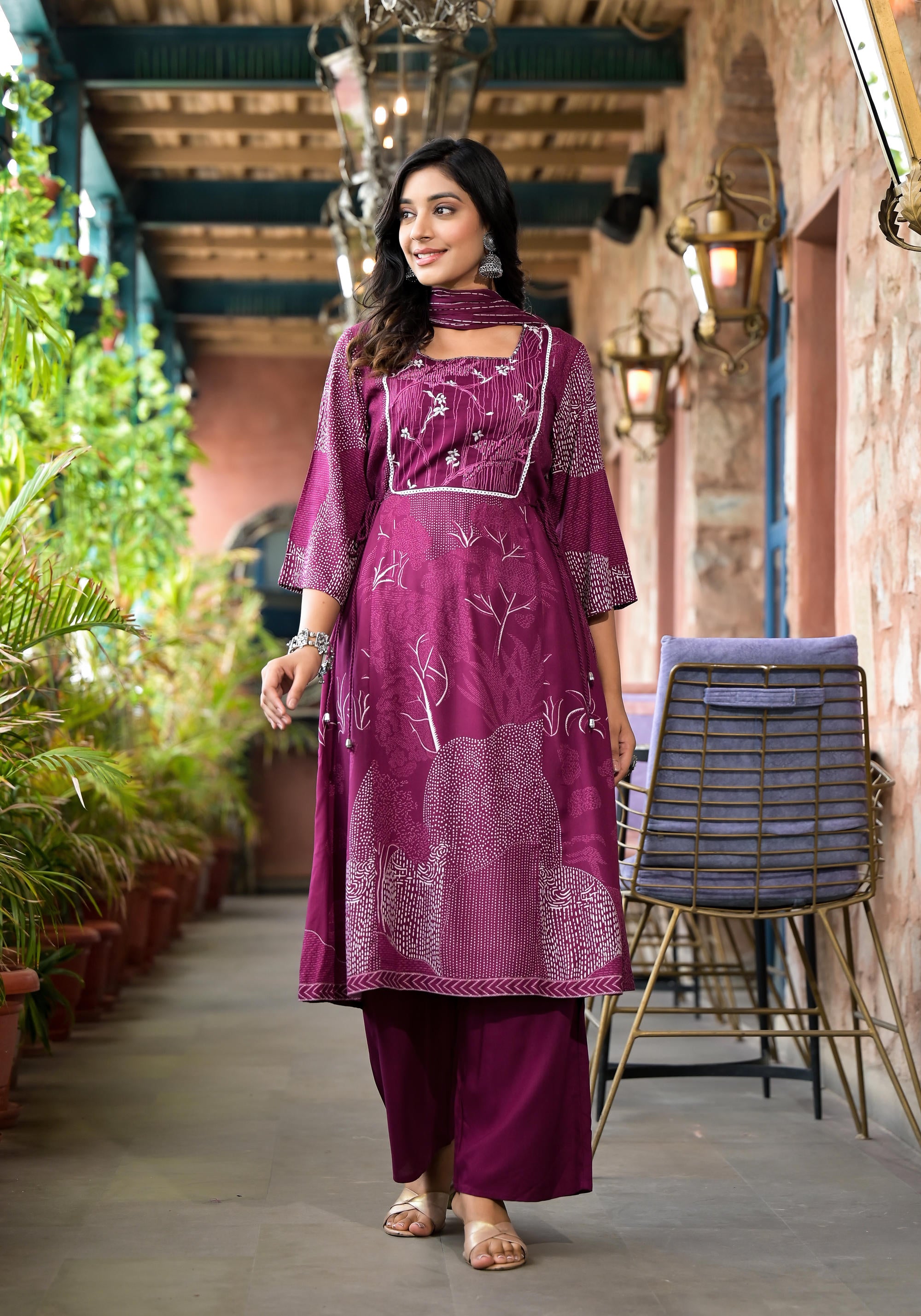 Wine Abstract Printed Liva Rayon A-Lined Kurta Pant And Dupatta Set With Doris At Waist