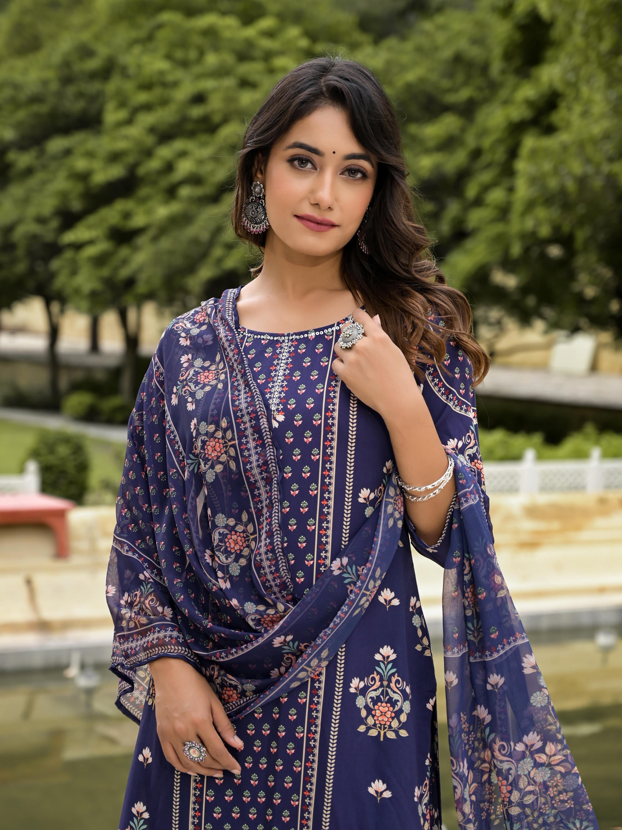 Navy Ethnic Motif Printed Liva Rayon Kurta Pant And Dupatta Set With Sequins Work