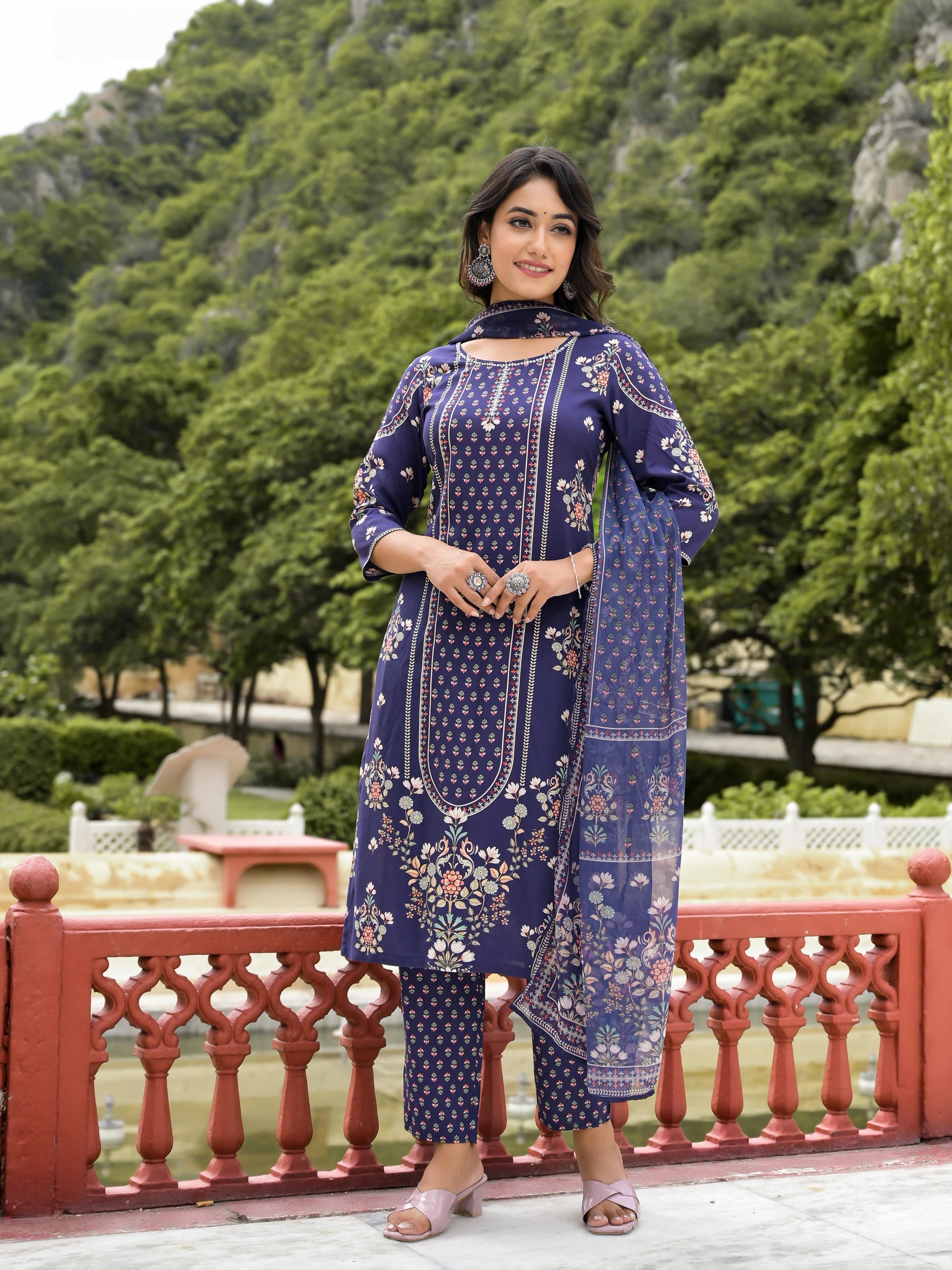 Navy Ethnic Motif Printed Liva Rayon Kurta Pant And Dupatta Set With Sequins Work
