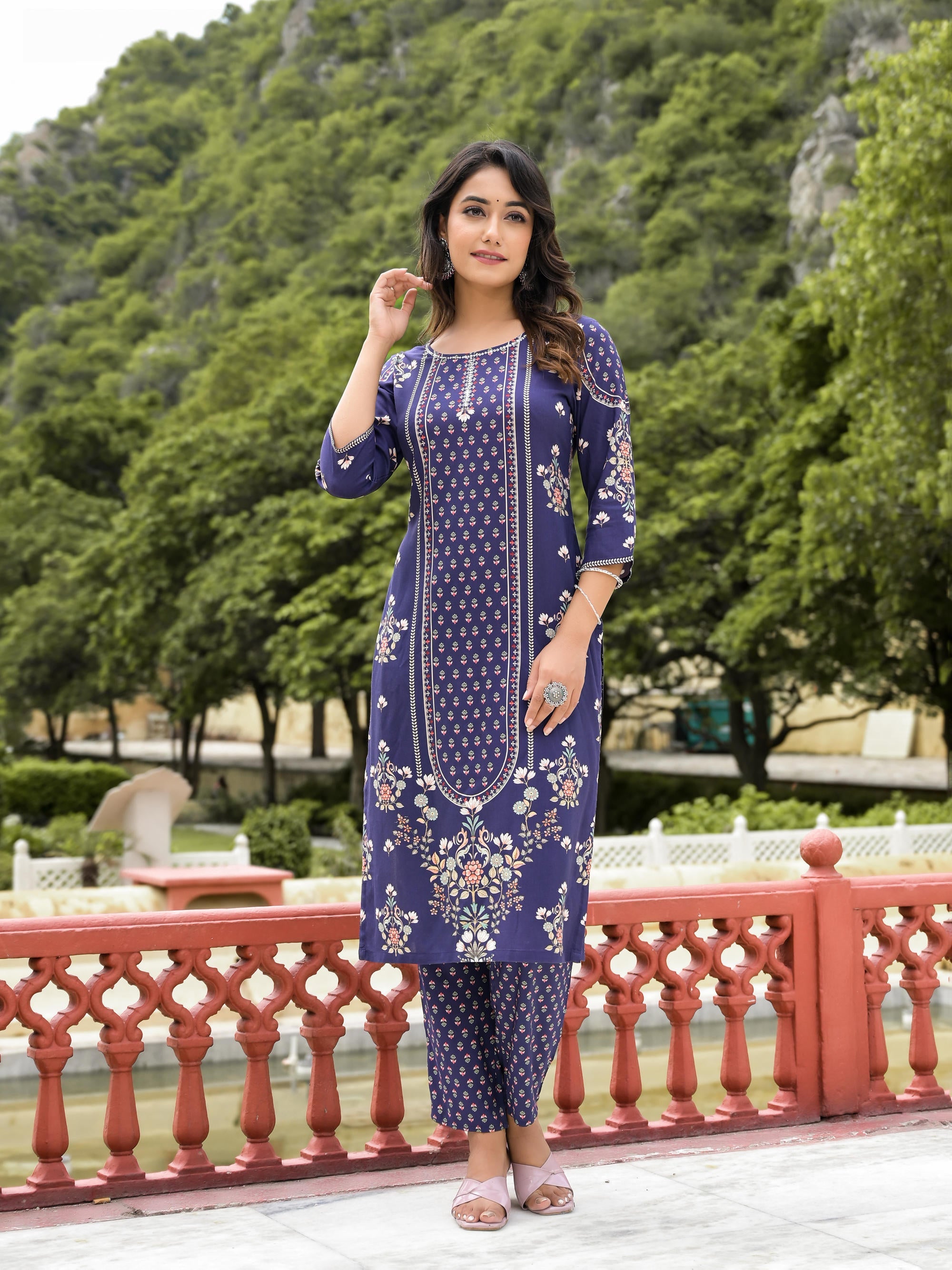 Navy Ethnic Motif Printed Liva Rayon Kurta Pant And Dupatta Set With Sequins Work