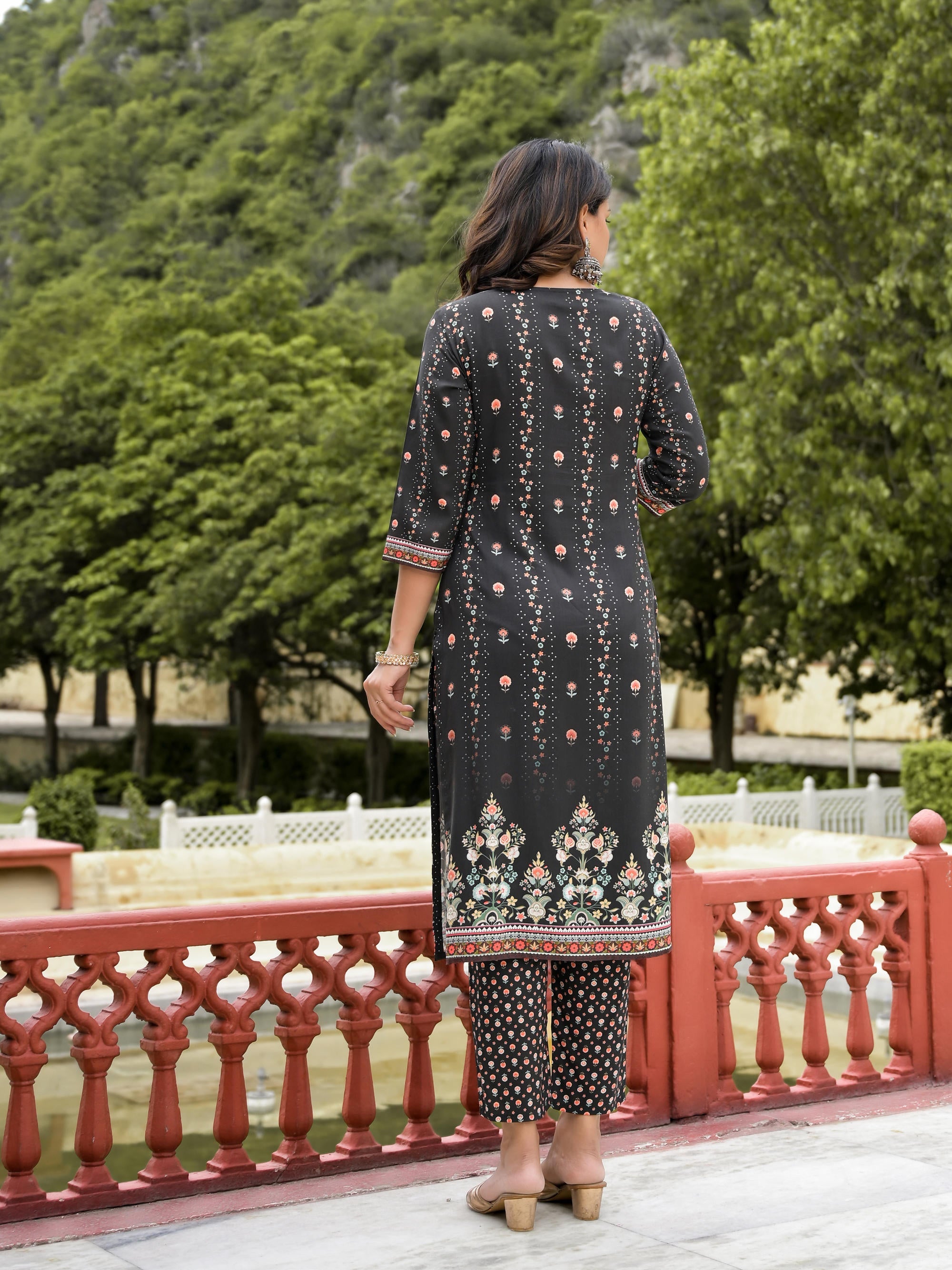 Black Ethnic Motif Printed Liva Rayon Kurta Pant And Dupatta Set With Sequins