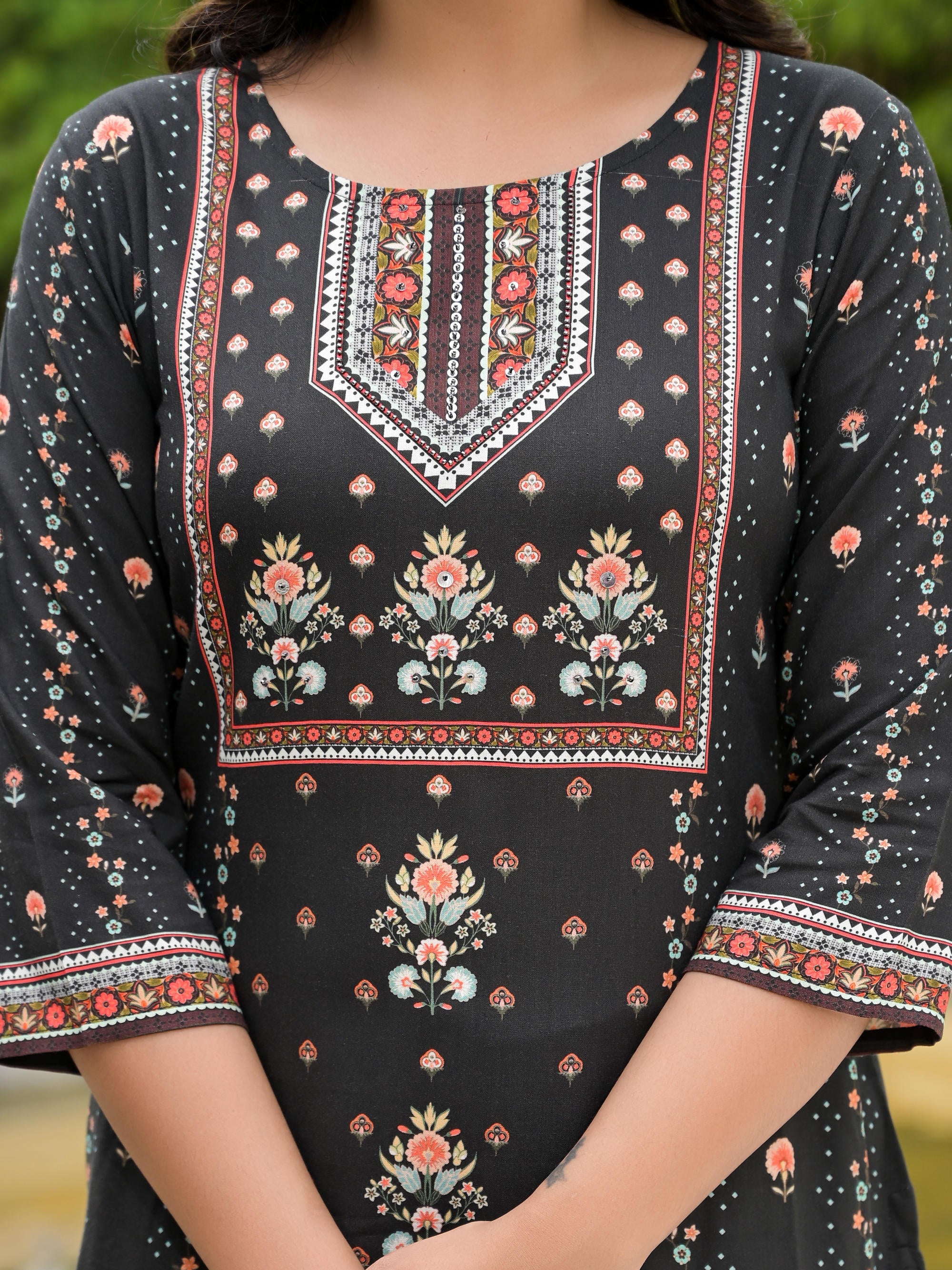 Black Ethnic Motif Printed Liva Rayon Kurta Pant And Dupatta Set With Sequins