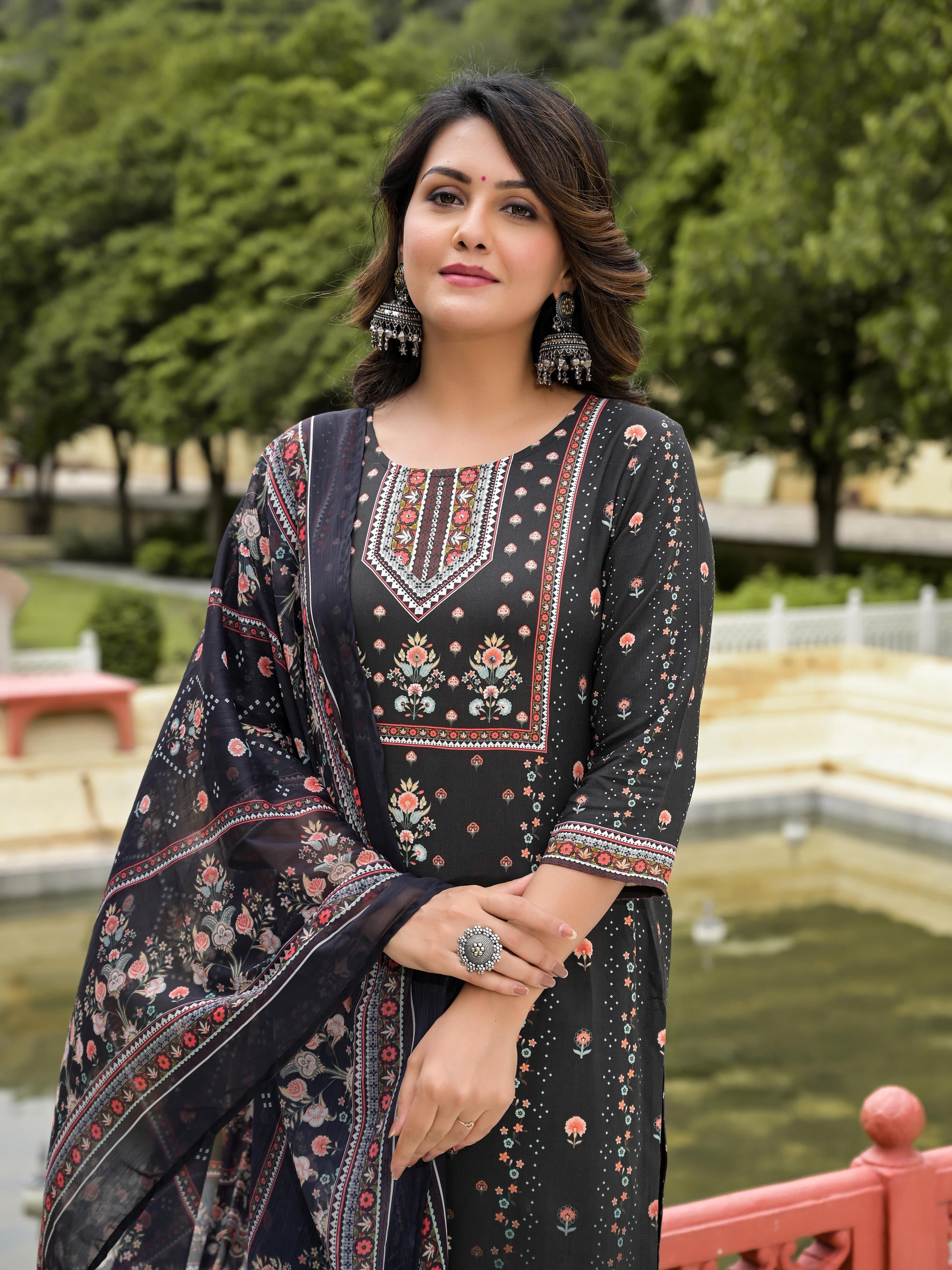 Black Ethnic Motif Printed Liva Rayon Kurta Pant And Dupatta Set With Sequins