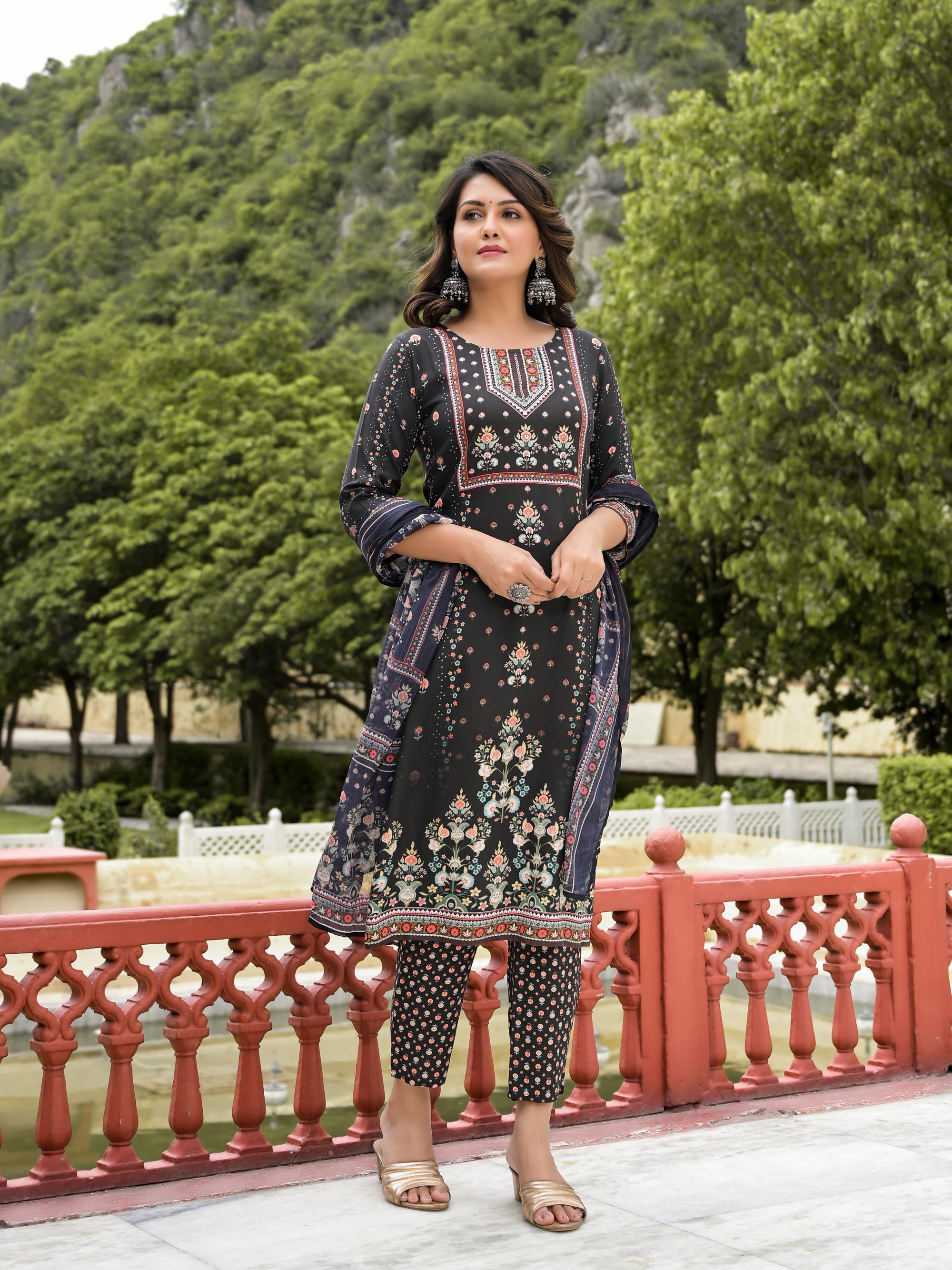 Black Ethnic Motif Printed Liva Rayon Kurta Pant And Dupatta Set With Sequins