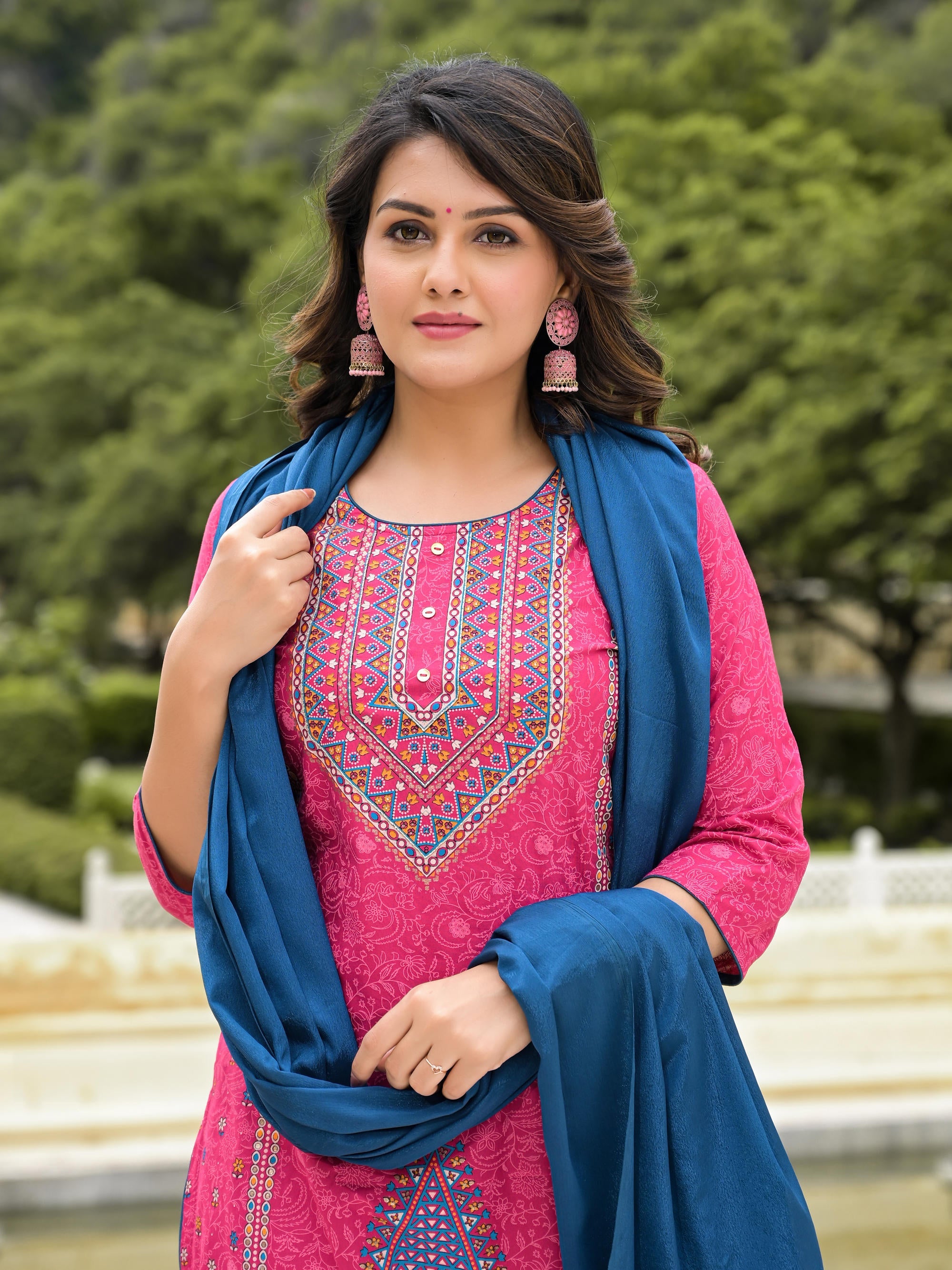 Blue Ethnic Motif Printed Liva Rayon Kurta Pant And Dupatta Set With Buttons & Tassels