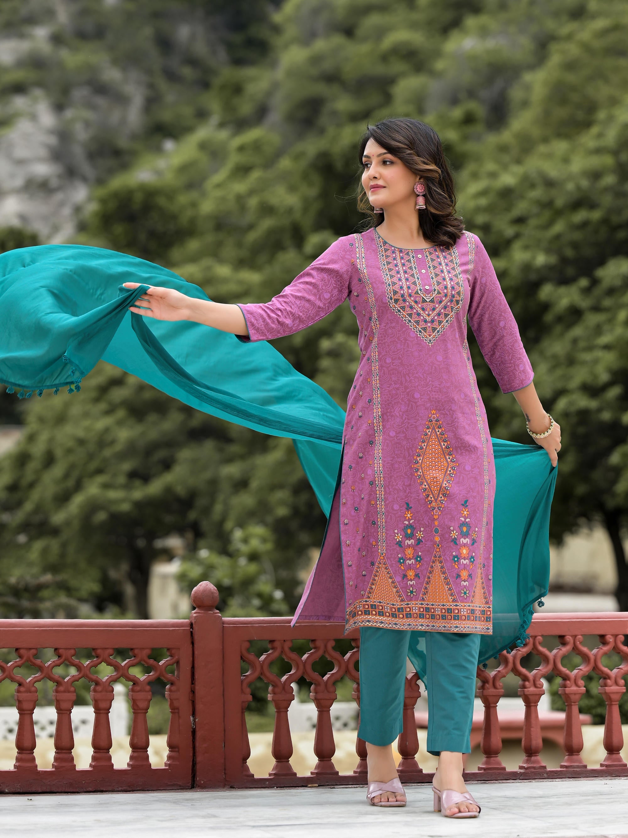 Lavender Ethnic Motif Printed Liva Rayon Kurta Pant And Dupatta Set With Buttons & Tassels