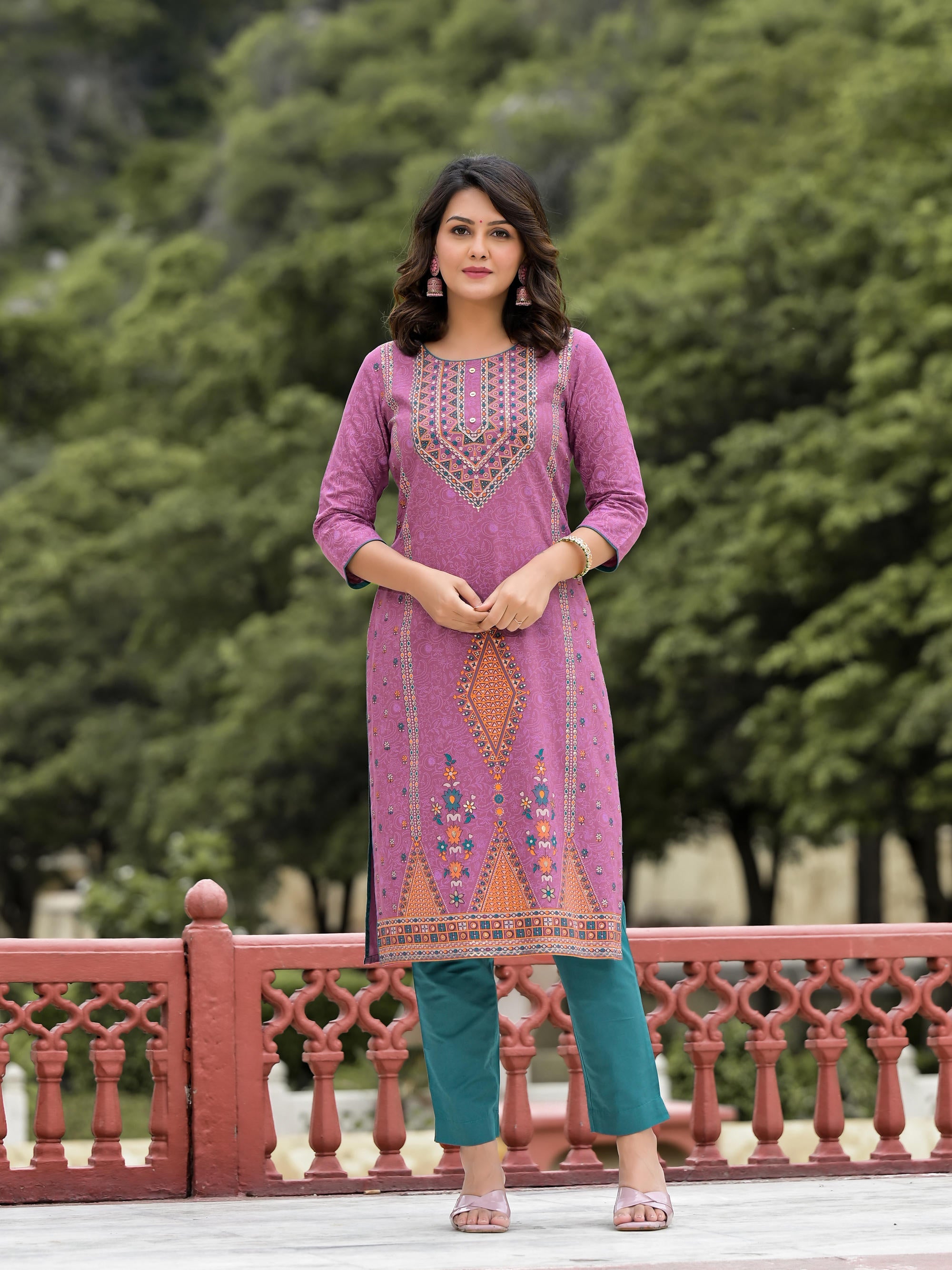 Lavender Ethnic Motif Printed Liva Rayon Kurta Pant And Dupatta Set With Buttons & Tassels