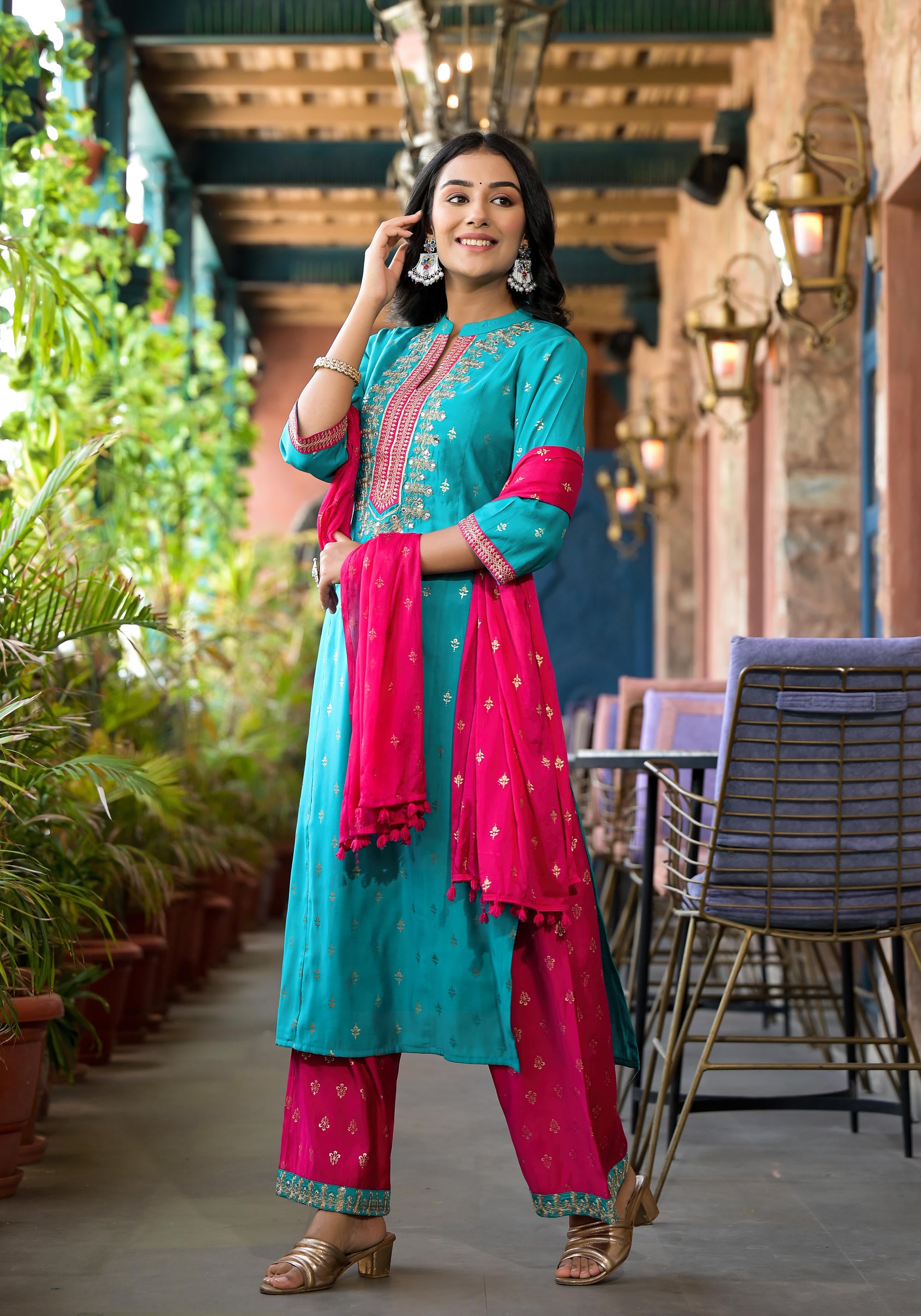 Turquoise Ethnic Motif Printed Liva Rayon Kurta Pant And Dupatta Set With Zari & Mirror Work