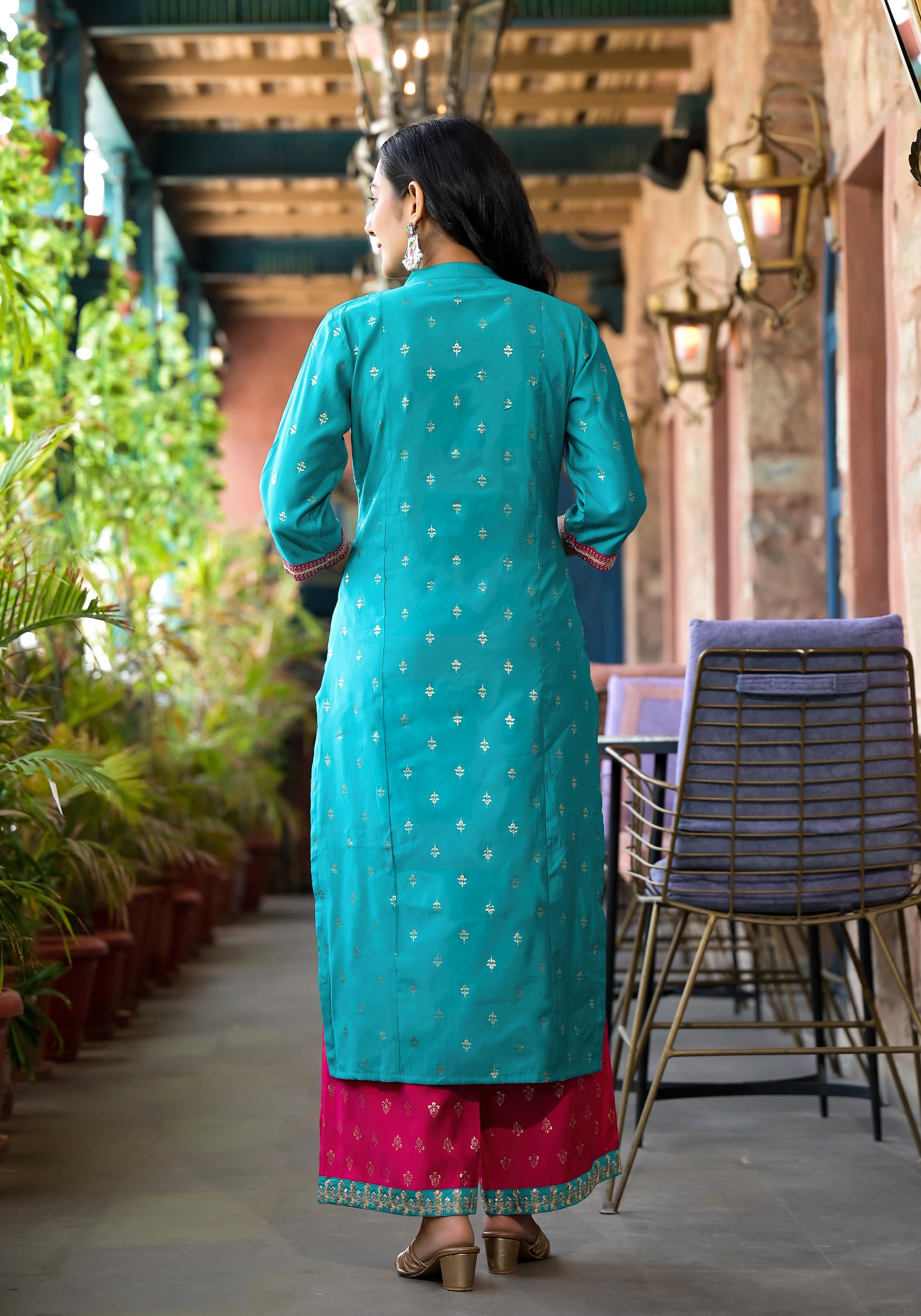 Turquoise Ethnic Motif Printed Liva Rayon Kurta Pant And Dupatta Set With Zari & Mirror Work