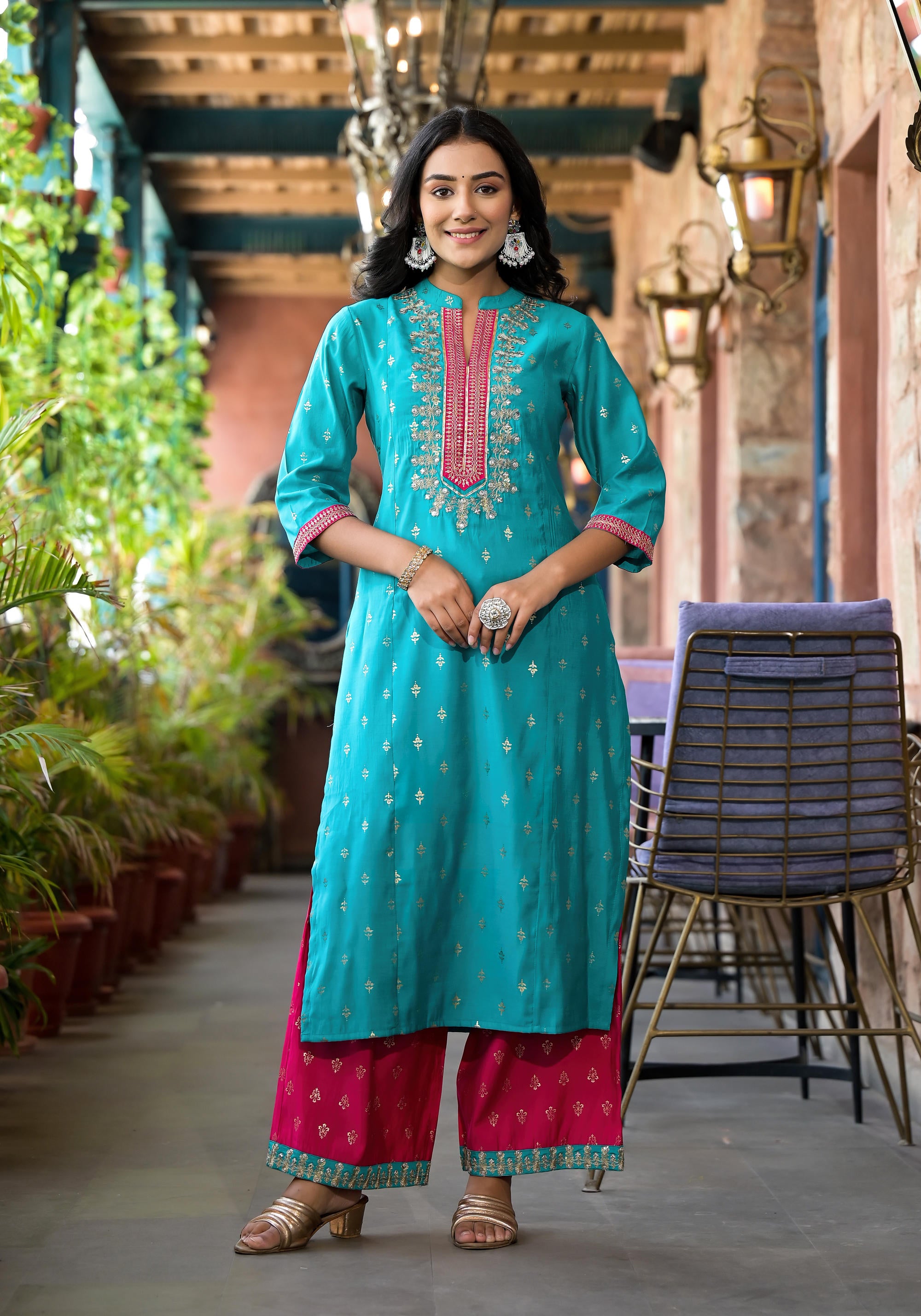 Turquoise Ethnic Motif Printed Liva Rayon Kurta Pant And Dupatta Set With Zari & Mirror Work