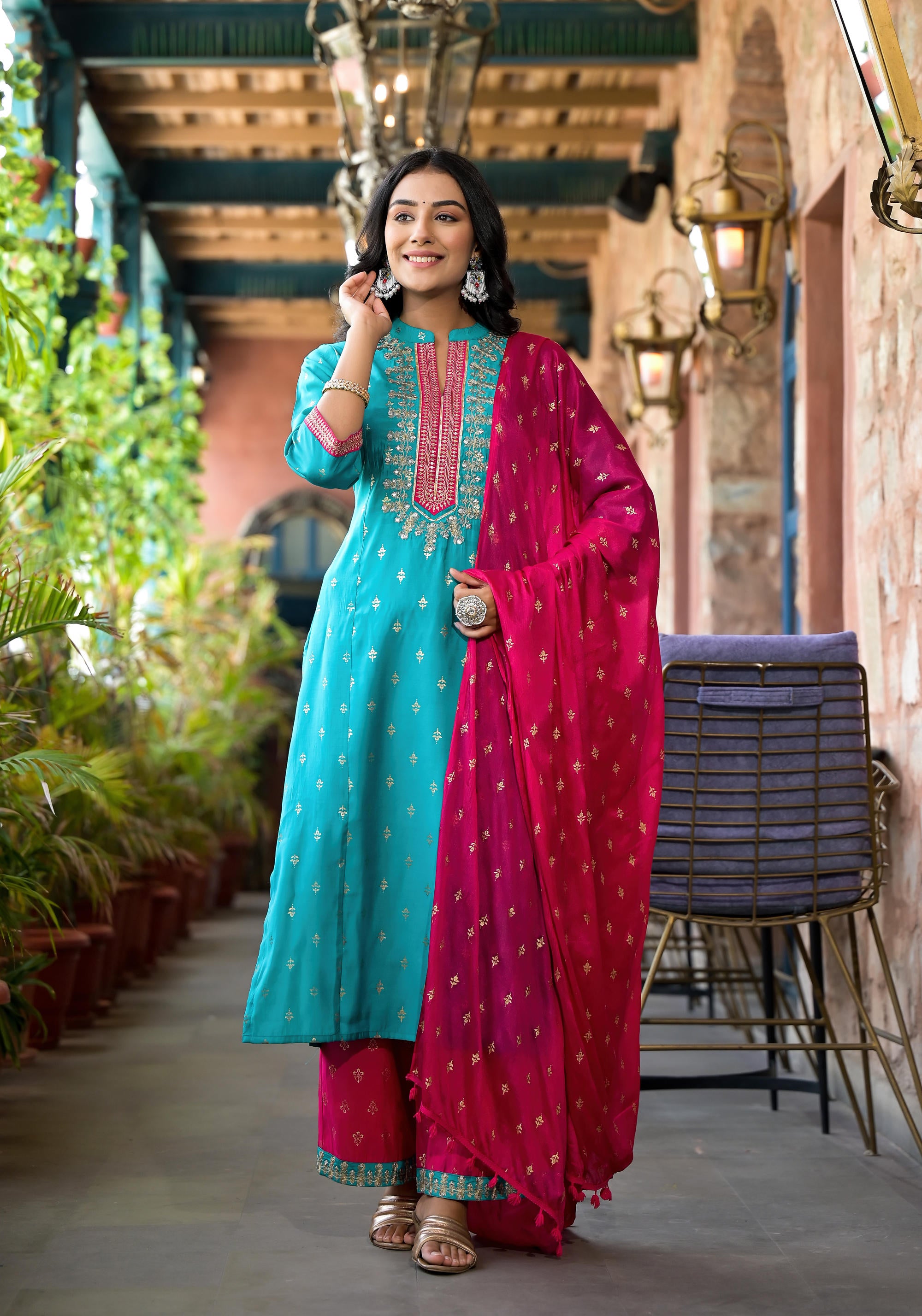 Turquoise Ethnic Motif Printed Liva Rayon Kurta Pant And Dupatta Set With Zari & Mirror Work