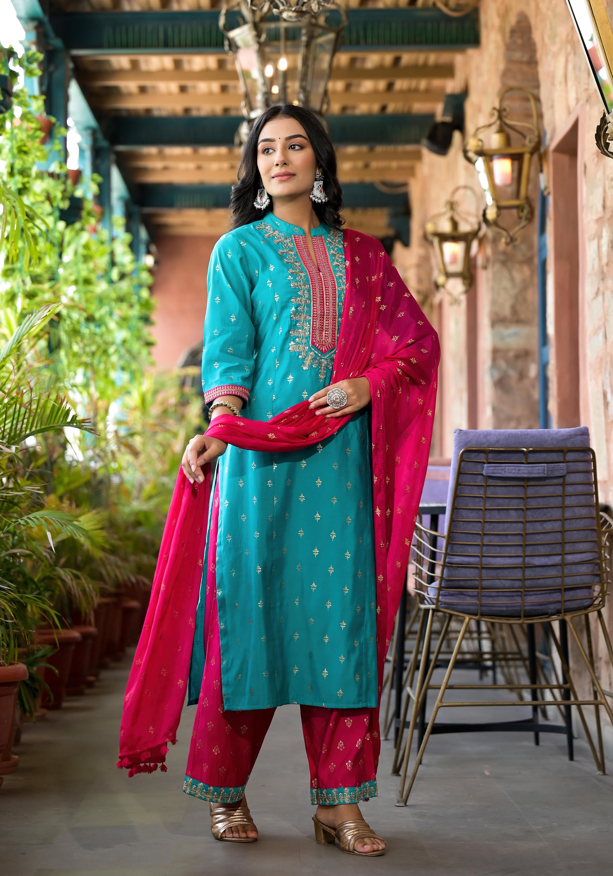 Turquoise Ethnic Motif Printed Liva Rayon Kurta Pant And Dupatta Set With Zari & Mirror Work