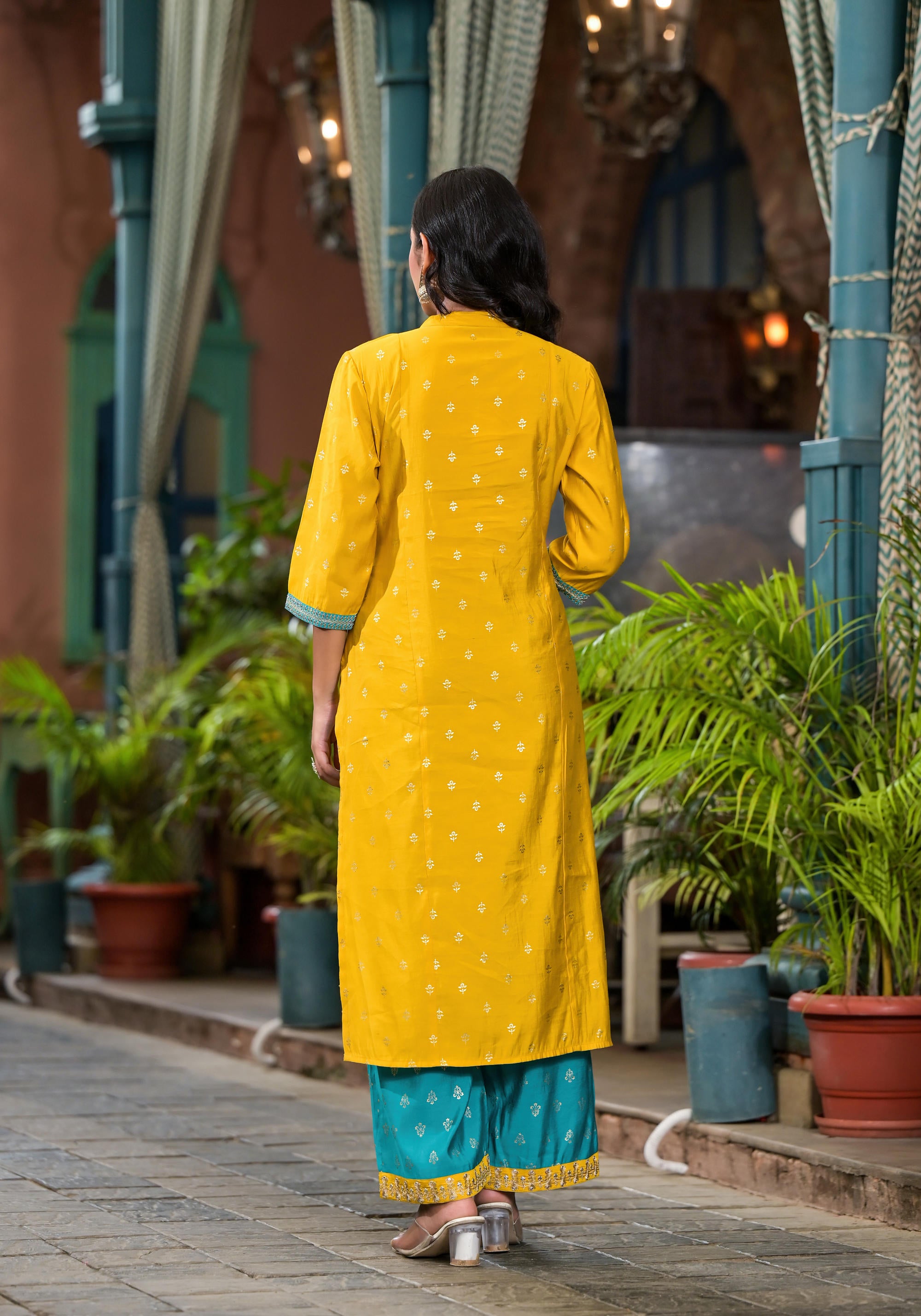 Yellow Solid Liva Rayon Kurta Pant And Dupatta Set With Zari Work & Sequins