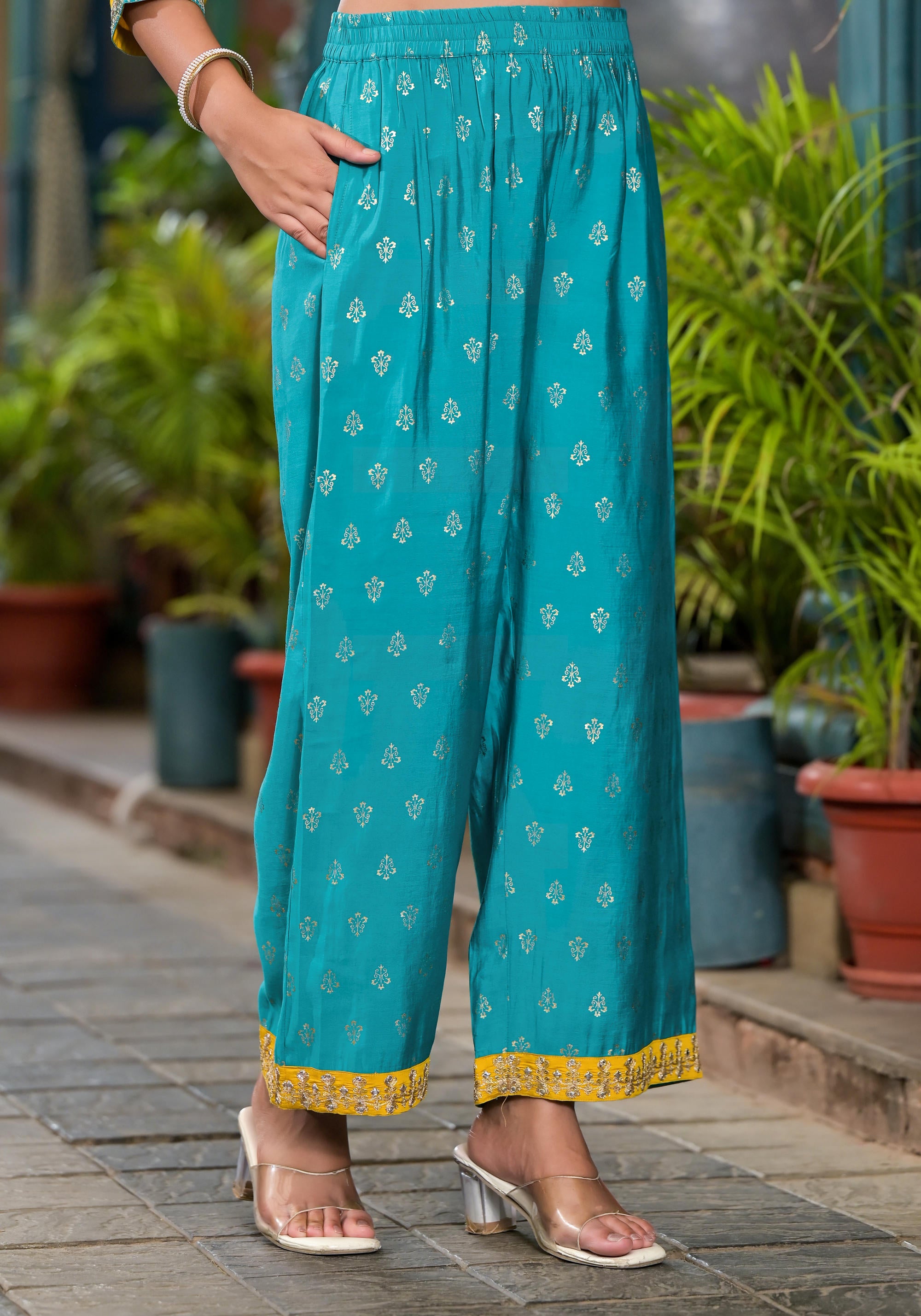 Yellow Solid Liva Rayon Kurta Pant And Dupatta Set With Zari Work & Sequins