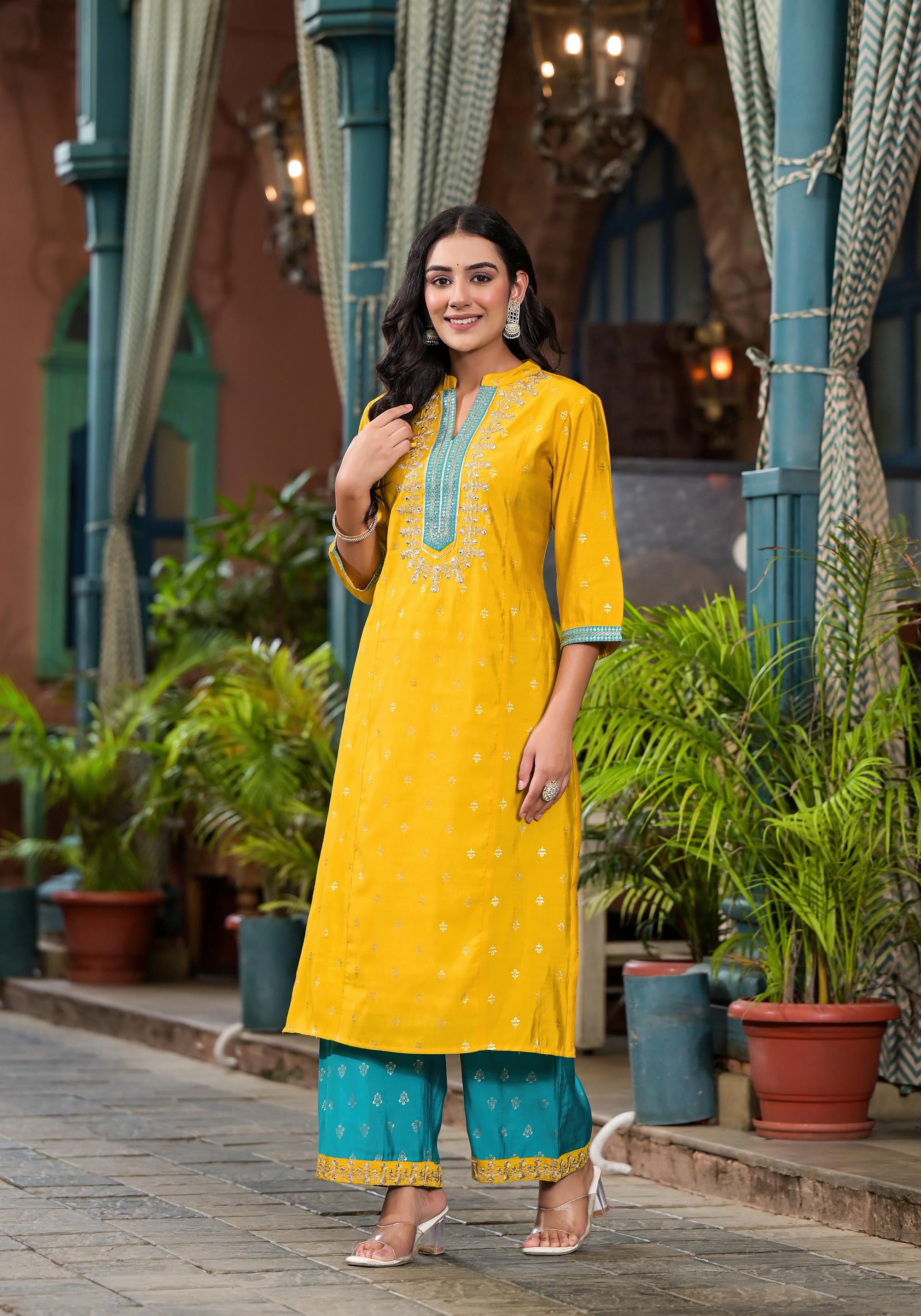 Yellow Solid Liva Rayon Kurta Pant And Dupatta Set With Zari Work & Sequins