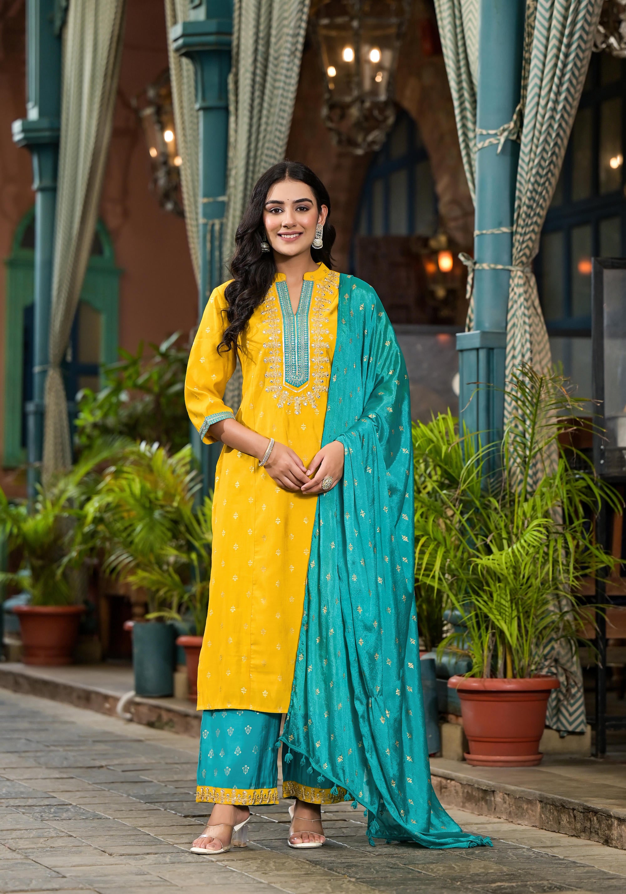 Yellow Solid Liva Rayon Kurta Pant And Dupatta Set With Zari Work & Sequins