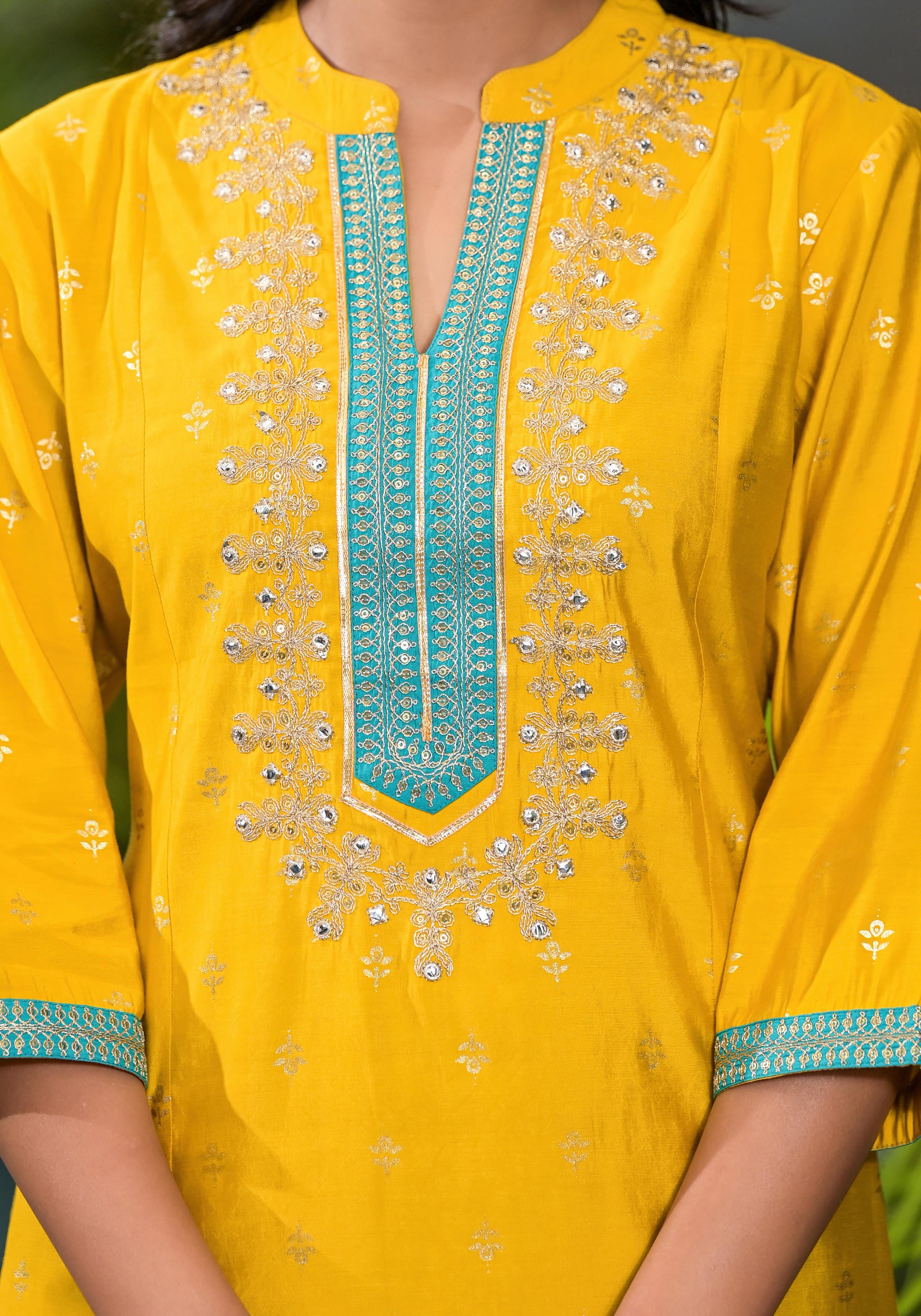 Yellow Solid Liva Rayon Kurta Pant And Dupatta Set With Zari Work & Sequins