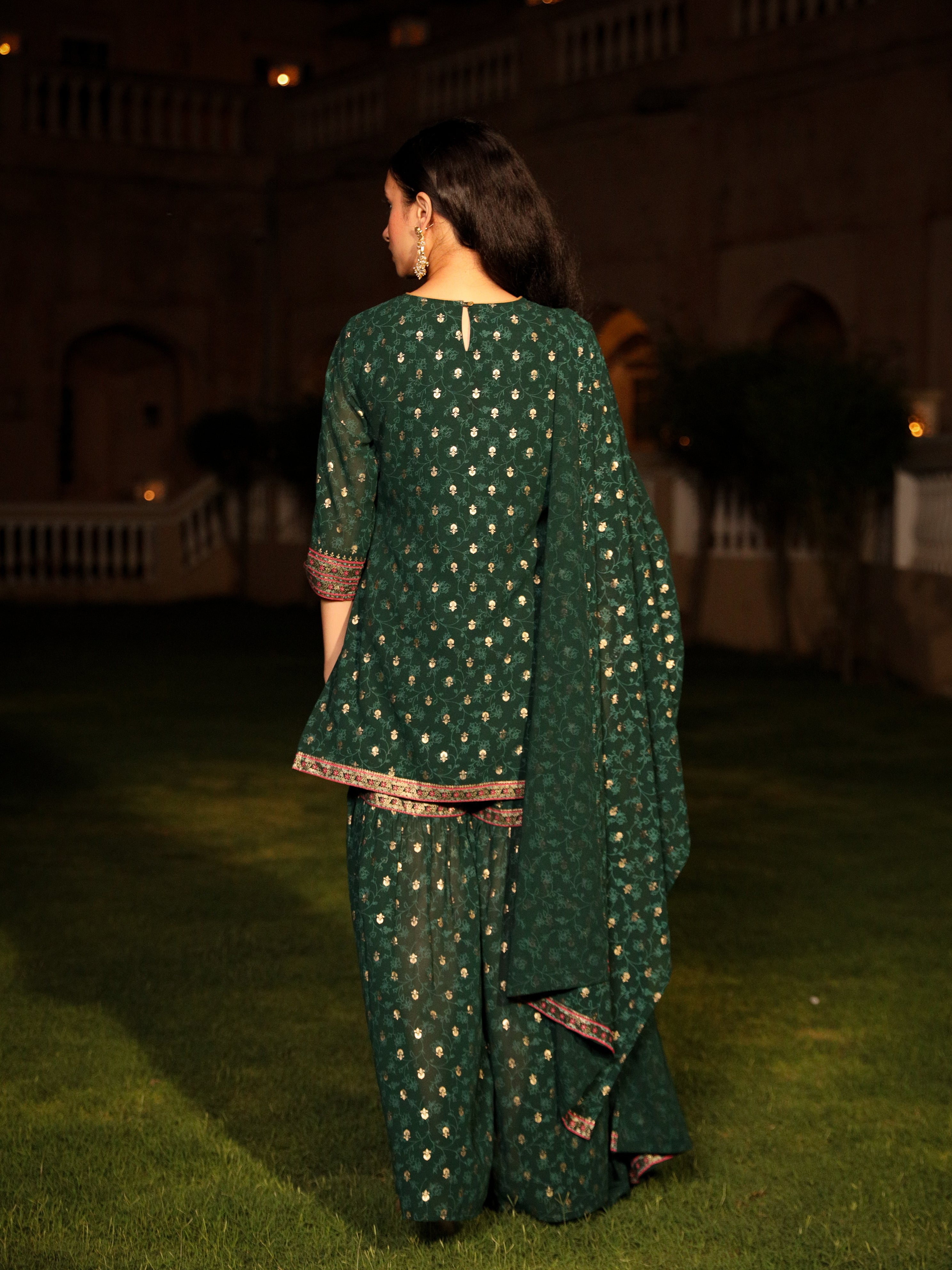 The Swarn Jade Green Ethnic Motif Printed Georgette Kurta Pant And Dupatta With Sequins & Zari Work