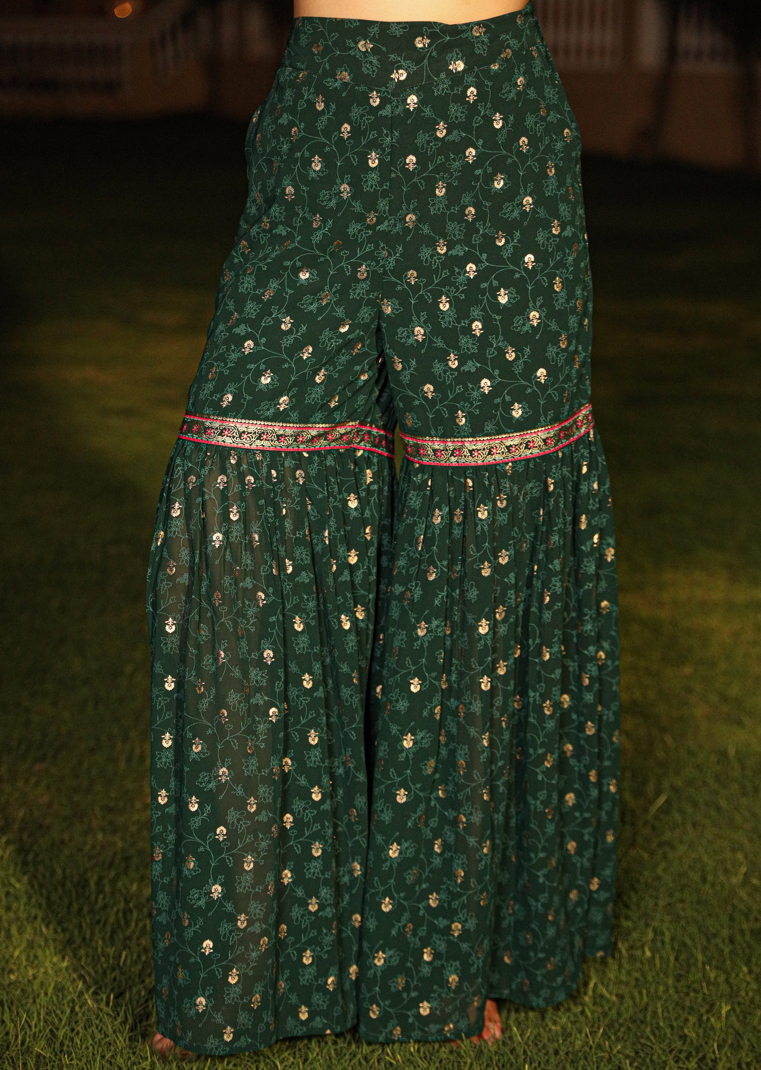 The Swarn Jade Green Ethnic Motif Printed Georgette Kurta Pant And Dupatta With Sequins & Zari Work