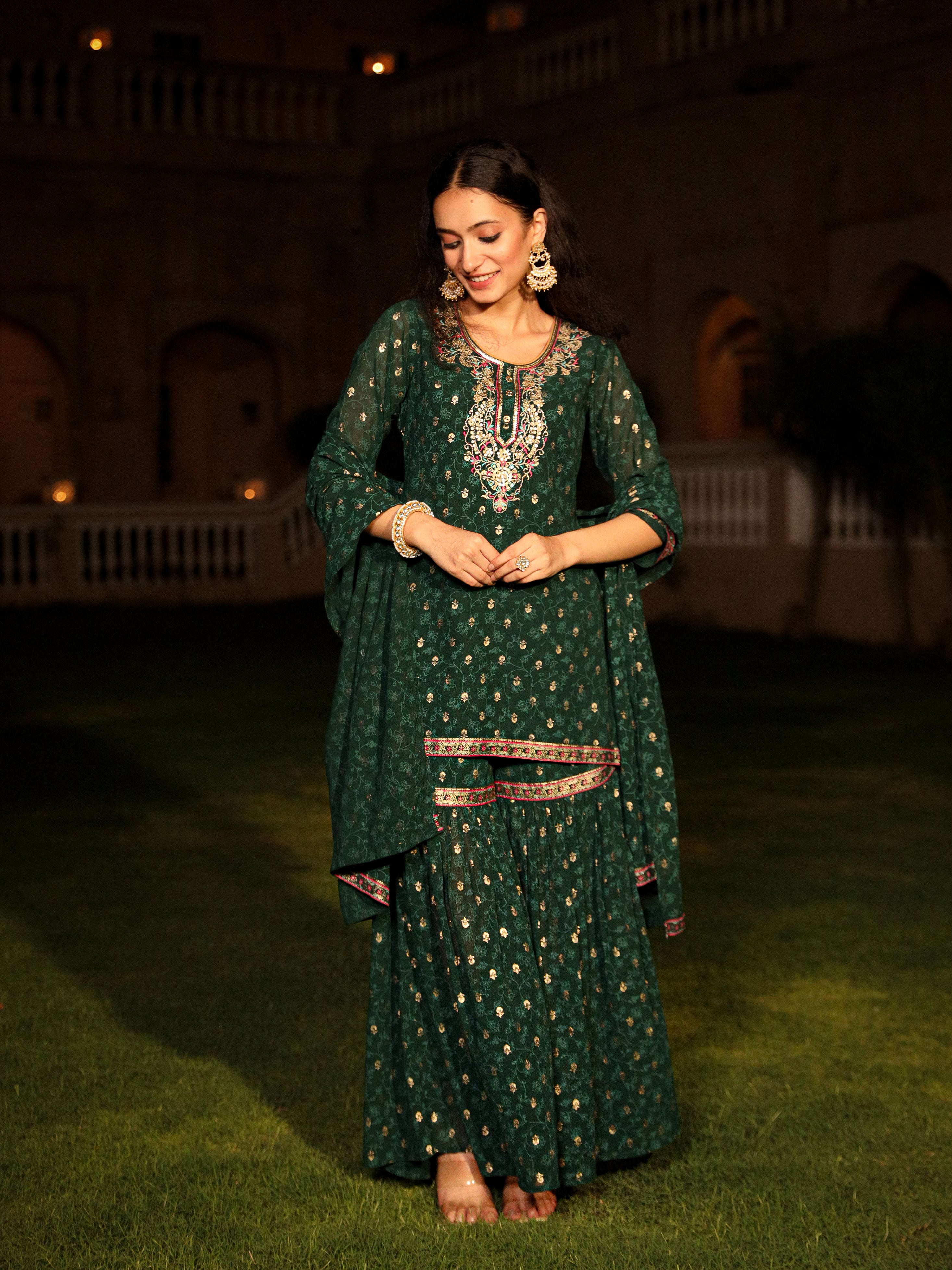 The Swarn Jade Green Ethnic Motif Printed Georgette Kurta Pant And Dupatta With Sequins & Zari Work