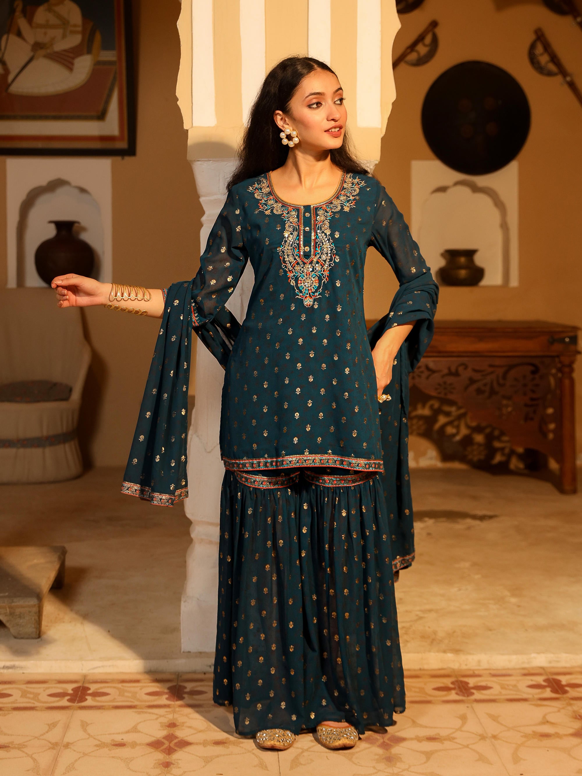 Teal Ethnic Motif Printed Georgette Kurta Pant And Dupatta With Sequins & Zari Work