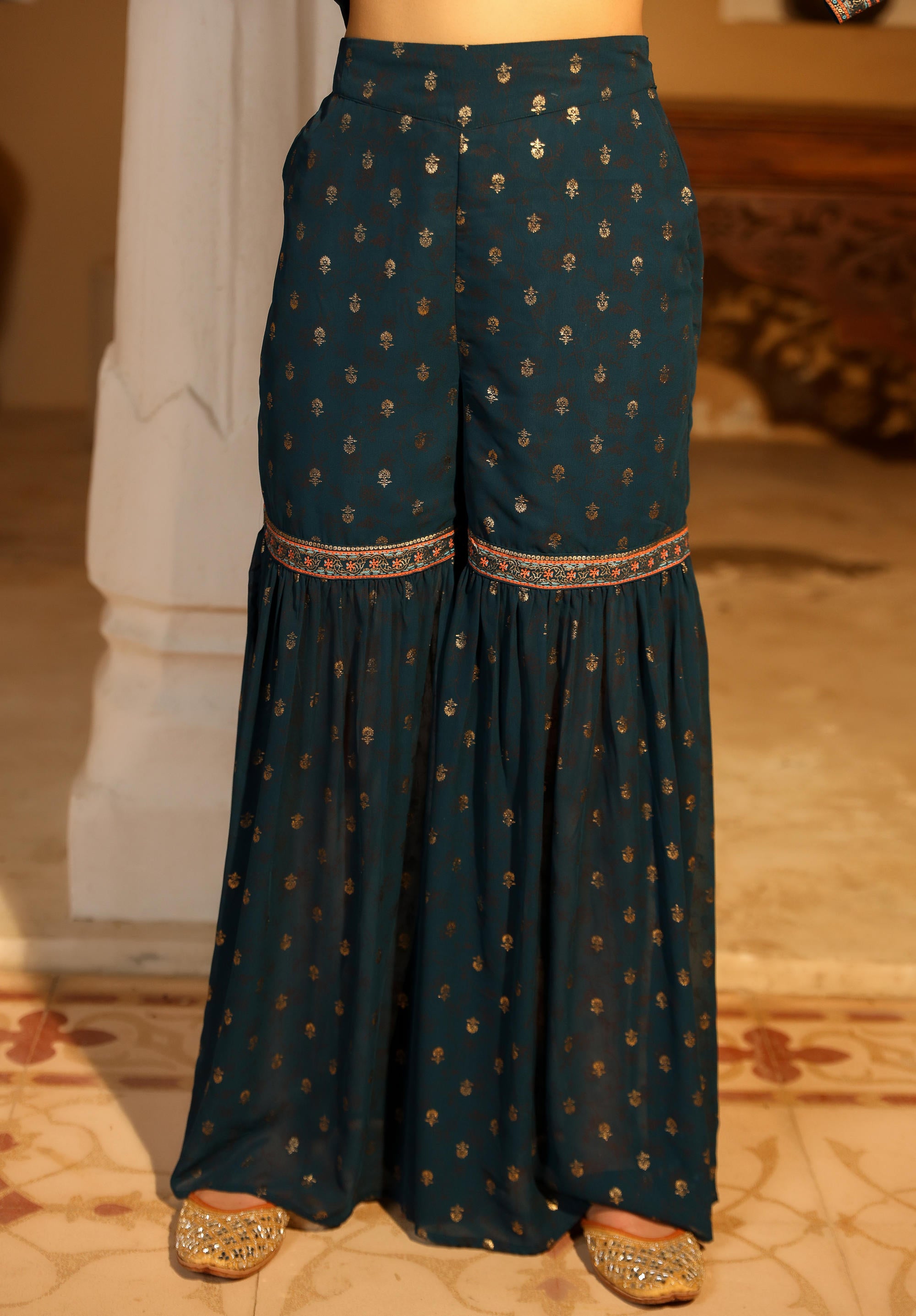 Teal Ethnic Motif Printed Georgette Kurta Pant And Dupatta With Sequins & Zari Work