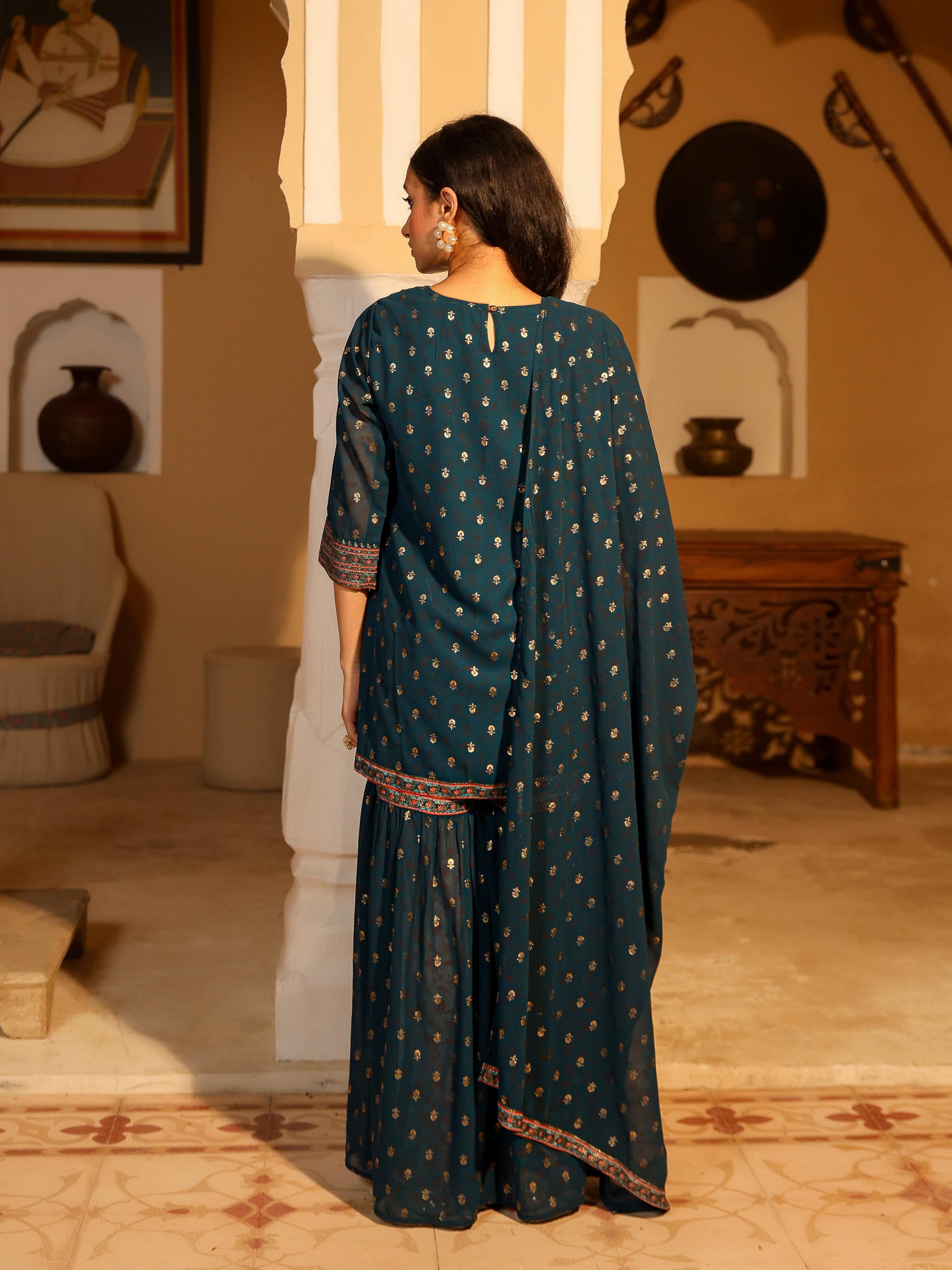 Teal Ethnic Motif Printed Georgette Kurta Pant And Dupatta With Sequins & Zari Work