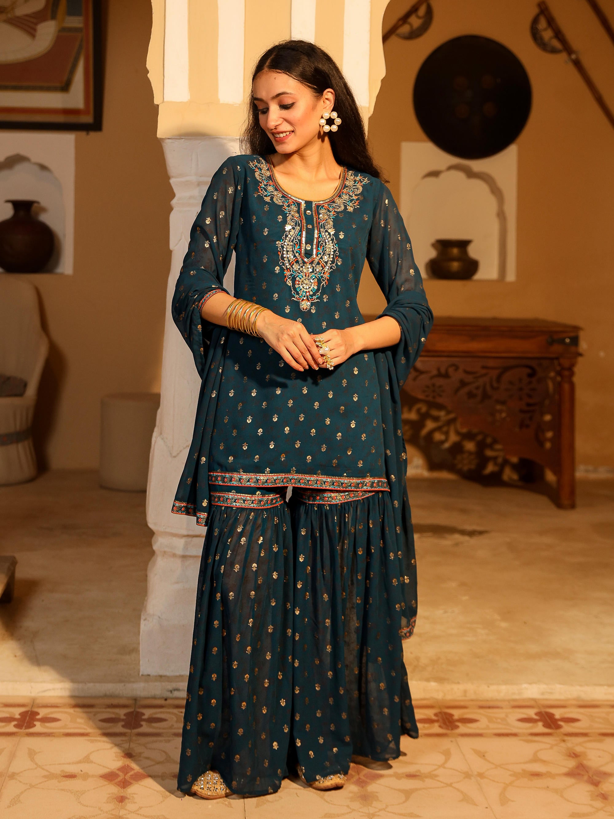 Teal Ethnic Motif Printed Georgette Kurta Pant And Dupatta With Sequins & Zari Work