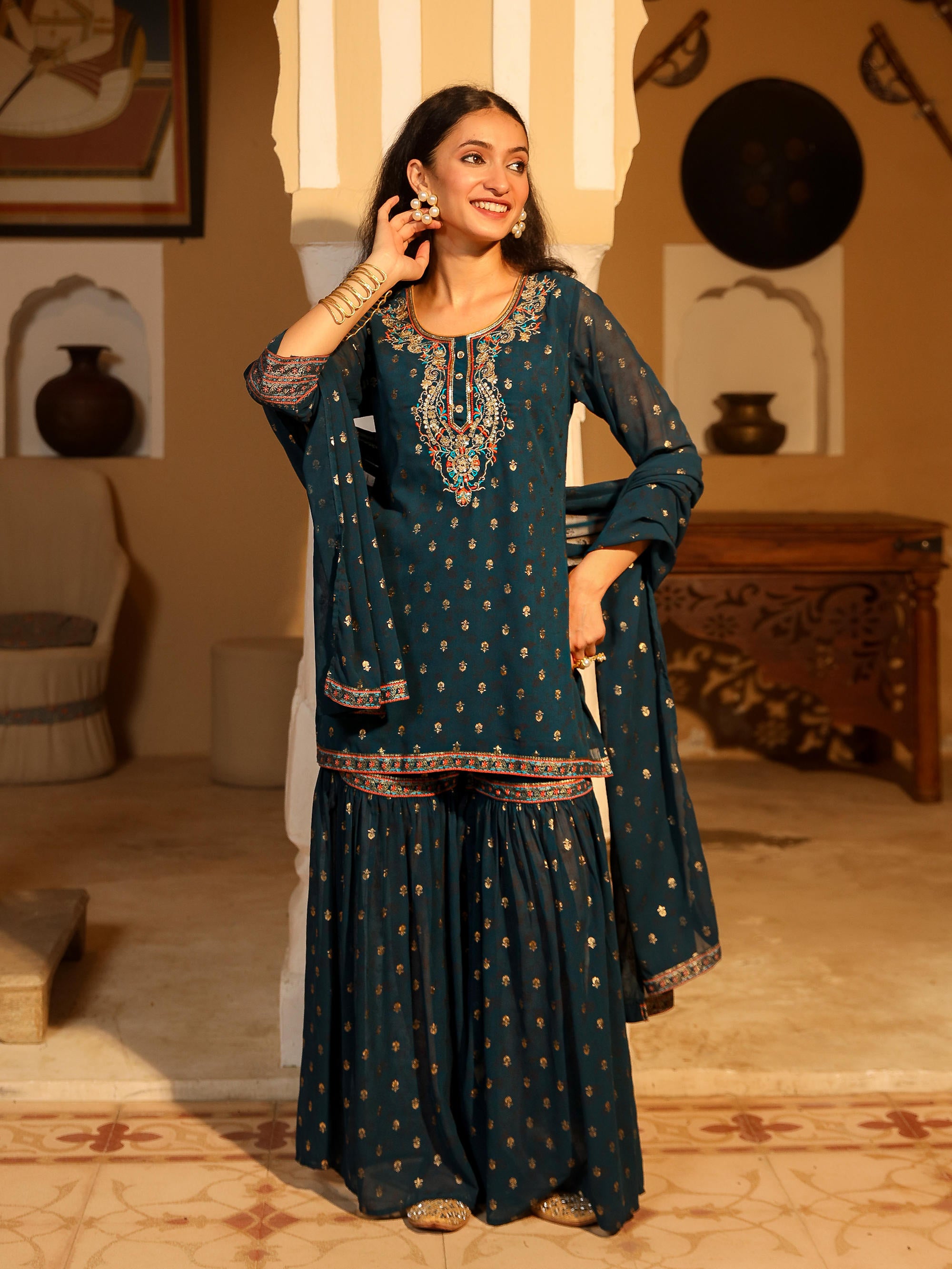 Teal Ethnic Motif Printed Georgette Kurta Pant And Dupatta With Sequins & Zari Work