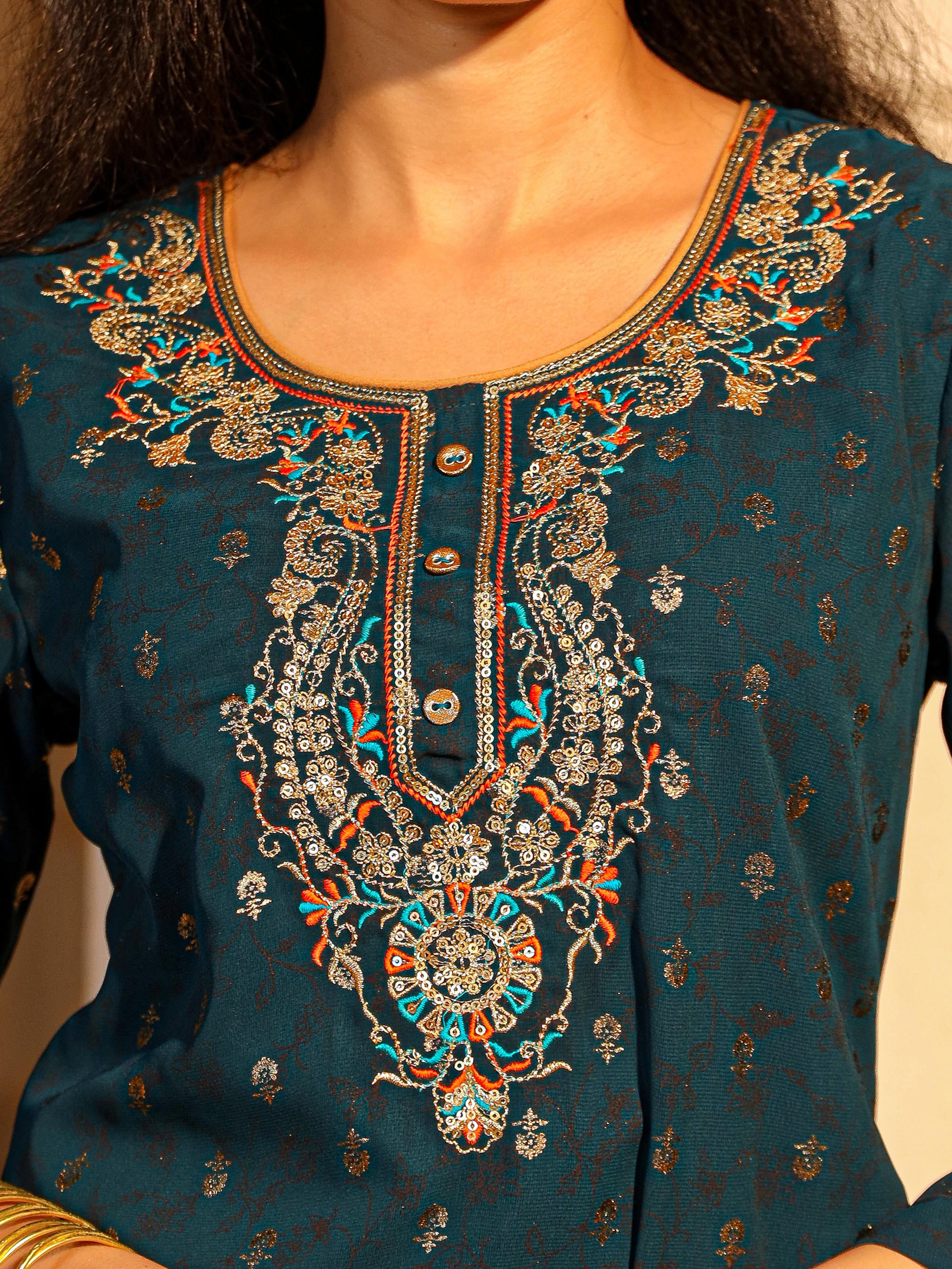 Teal Ethnic Motif Printed Georgette Kurta Pant And Dupatta With Sequins & Zari Work