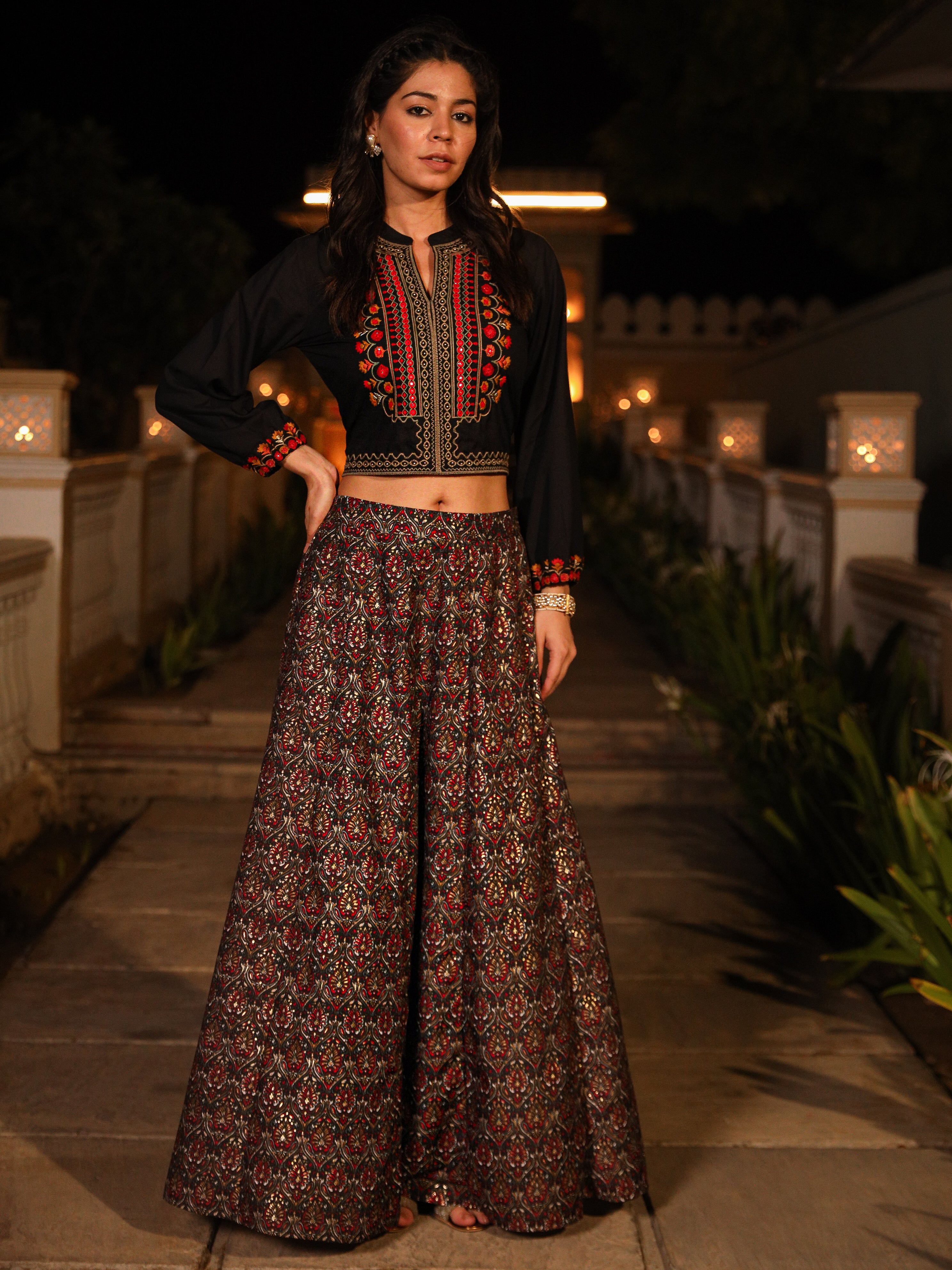 Black Thread Embroidered Rayon Top & Printed Skirt Set With Beads & Mirror Work