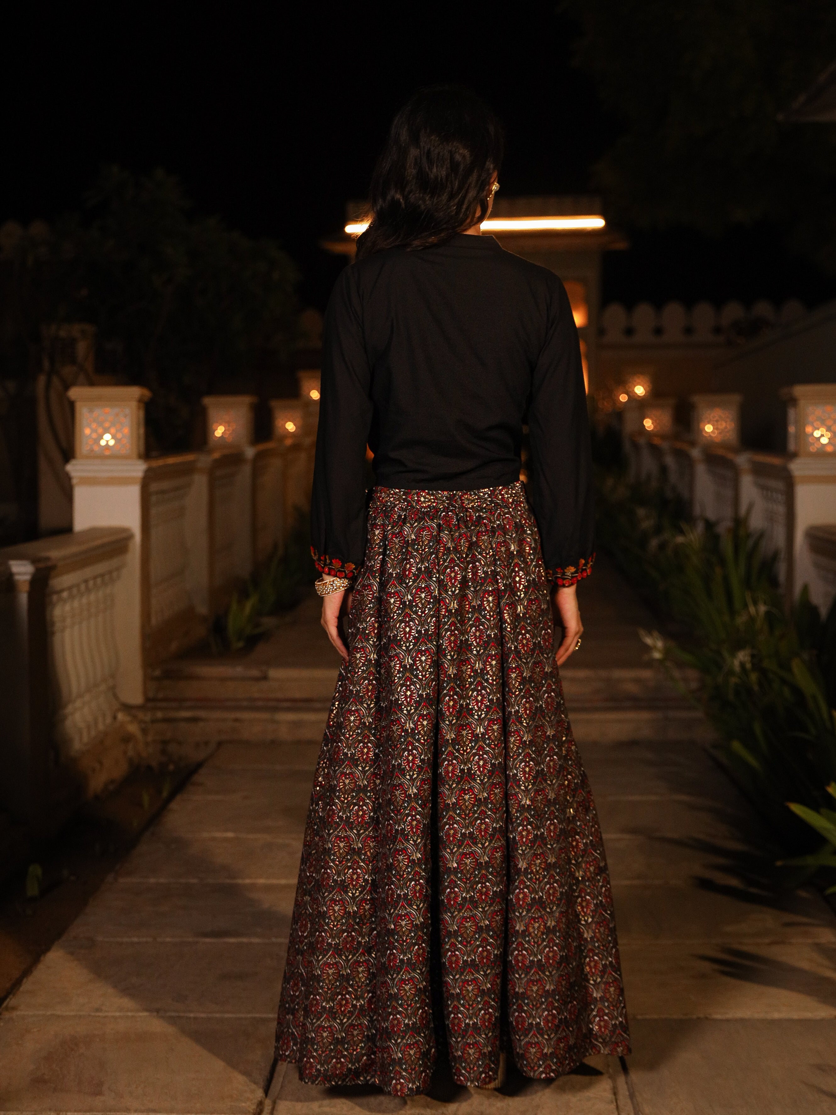 Black Thread Embroidered Rayon Top & Printed Skirt Set With Beads & Mirror Work