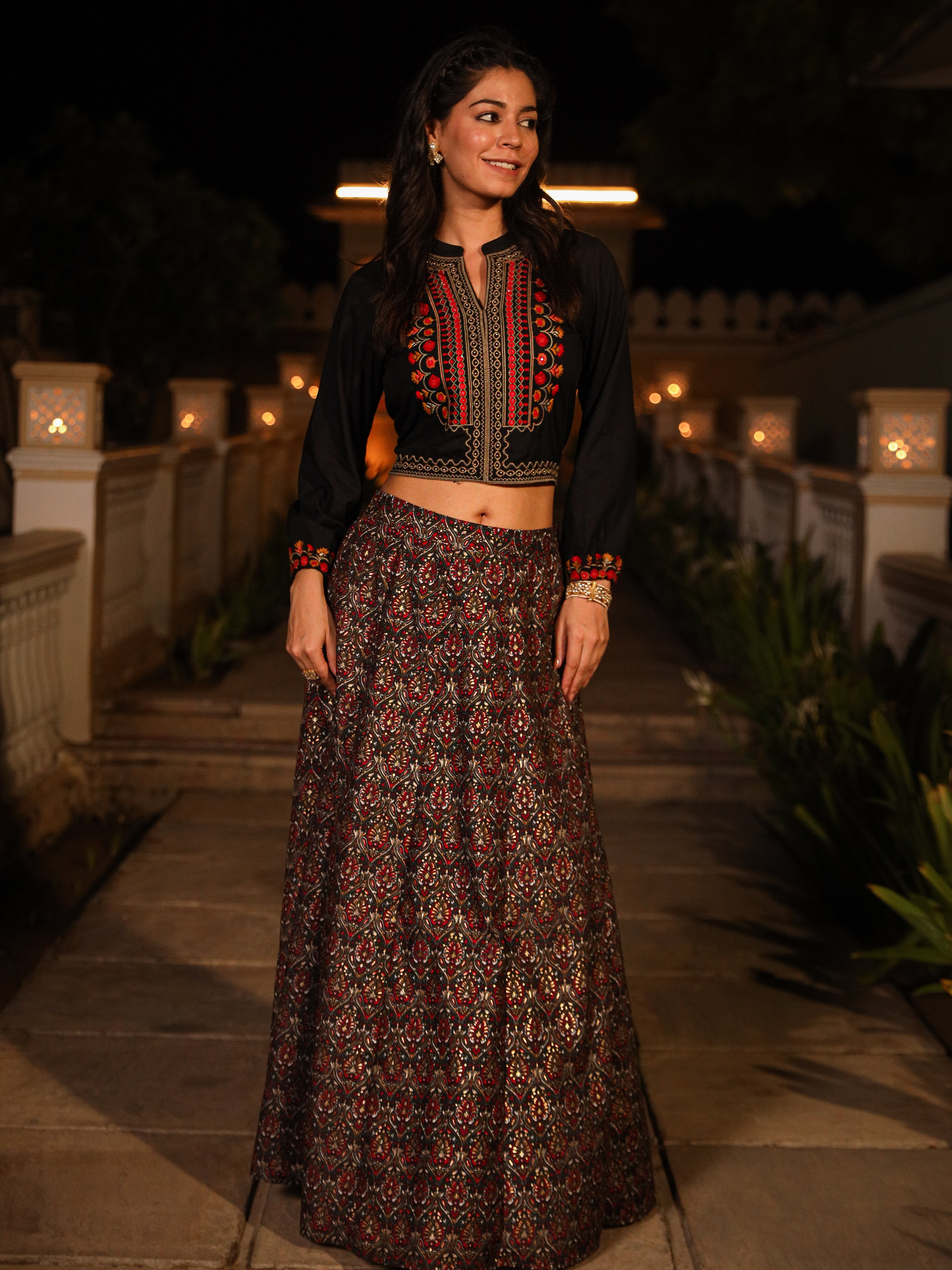 Black Thread Embroidered Rayon Top & Printed Skirt Set With Beads & Mirror Work