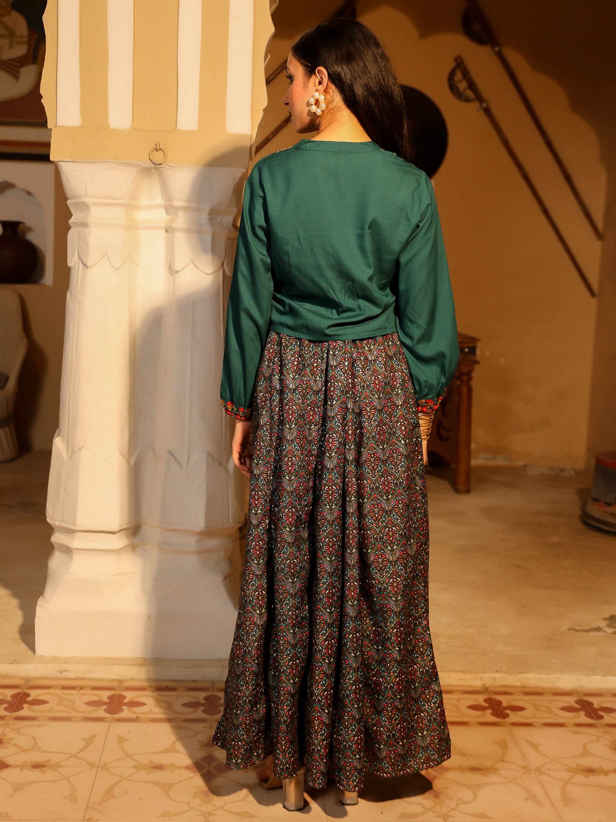 Teal Thread Embroidered Rayon Top & Printed Skirt Set With Beads & Mirror Work