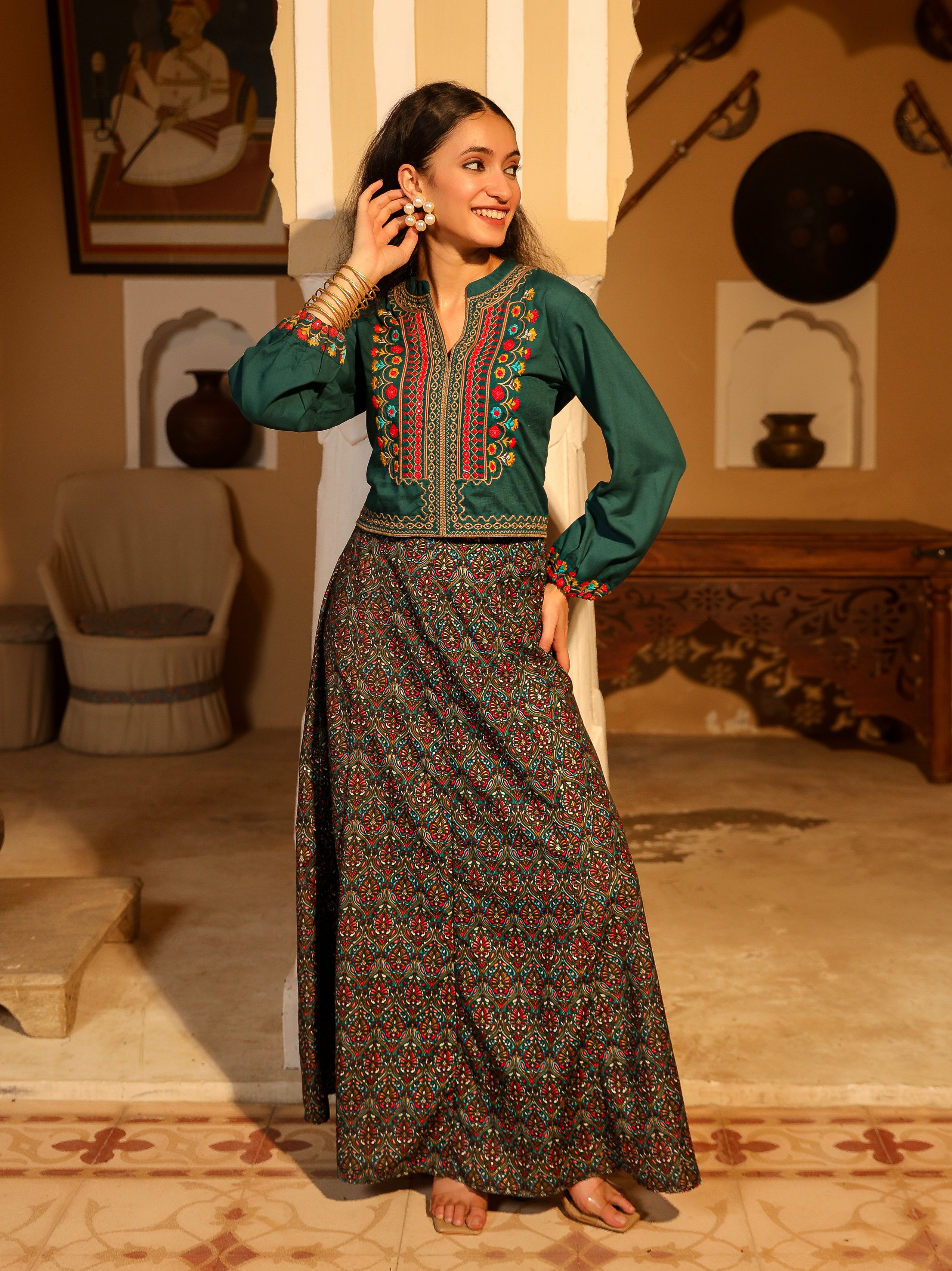 Teal Thread Embroidered Rayon Top & Printed Skirt Set With Beads & Mirror Work