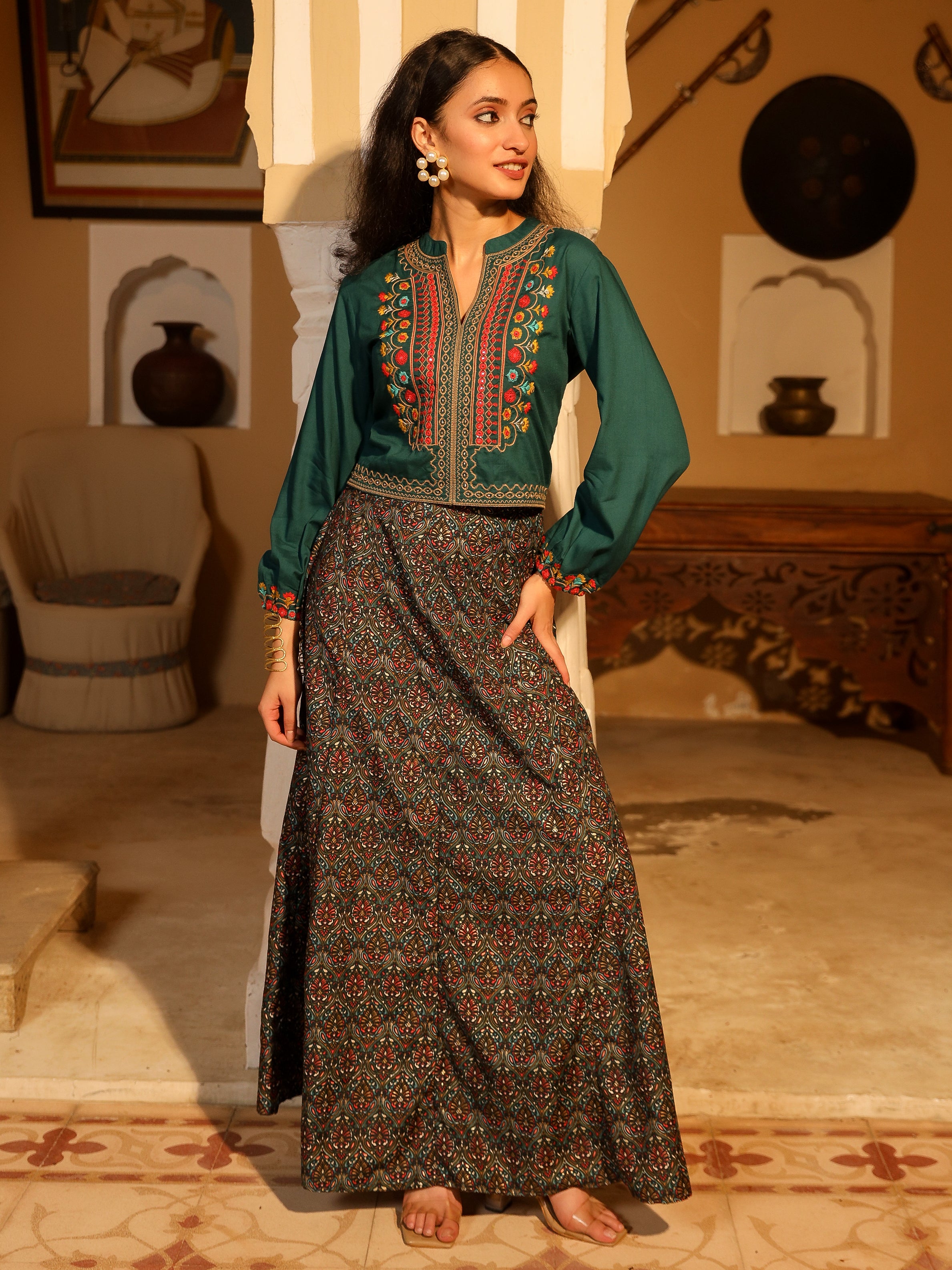 Teal Thread Embroidered Rayon Top & Printed Skirt Set With Beads & Mirror Work