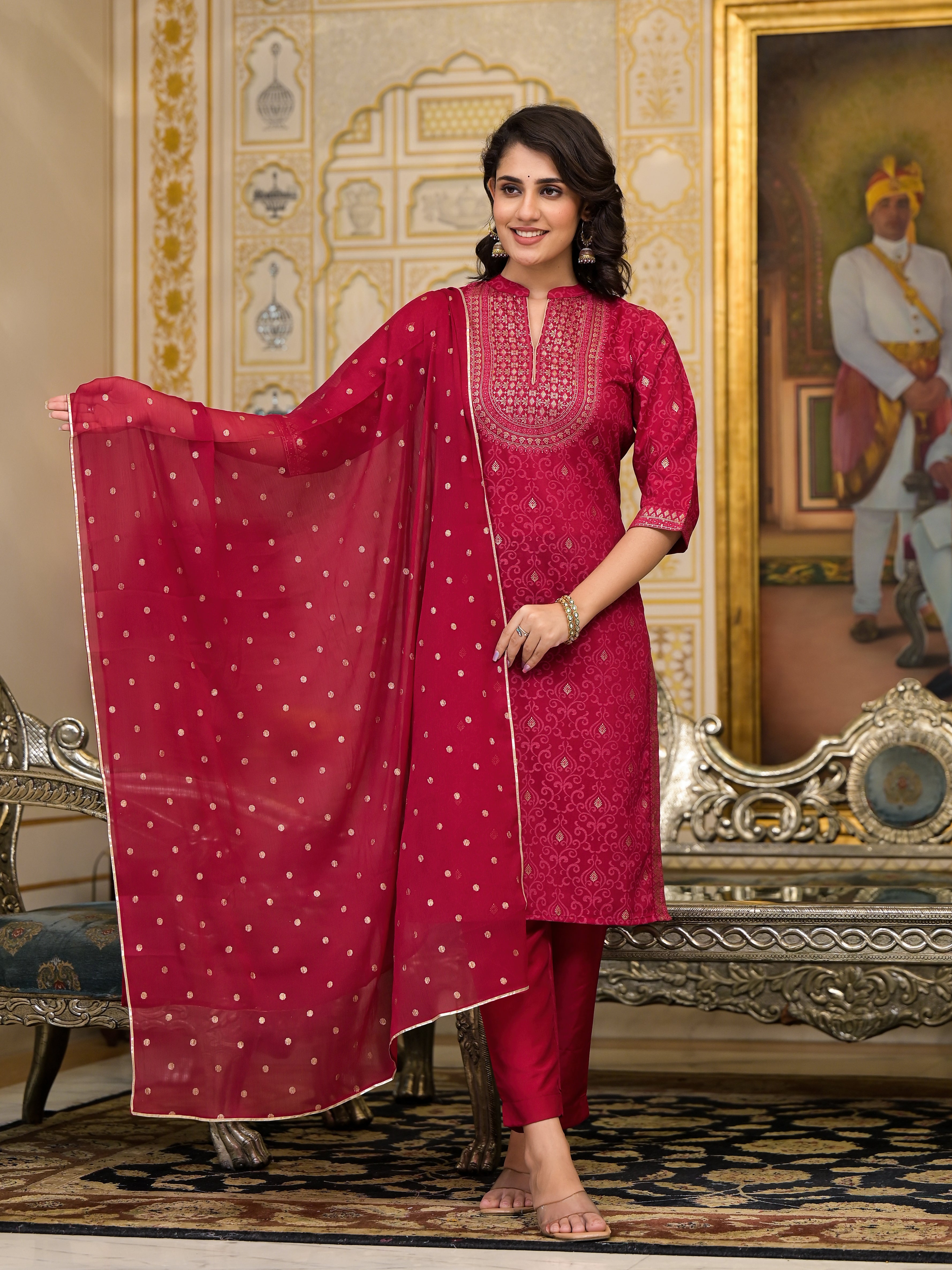 Women Red  Printed Straight Kurta Pants & Dupatta Set