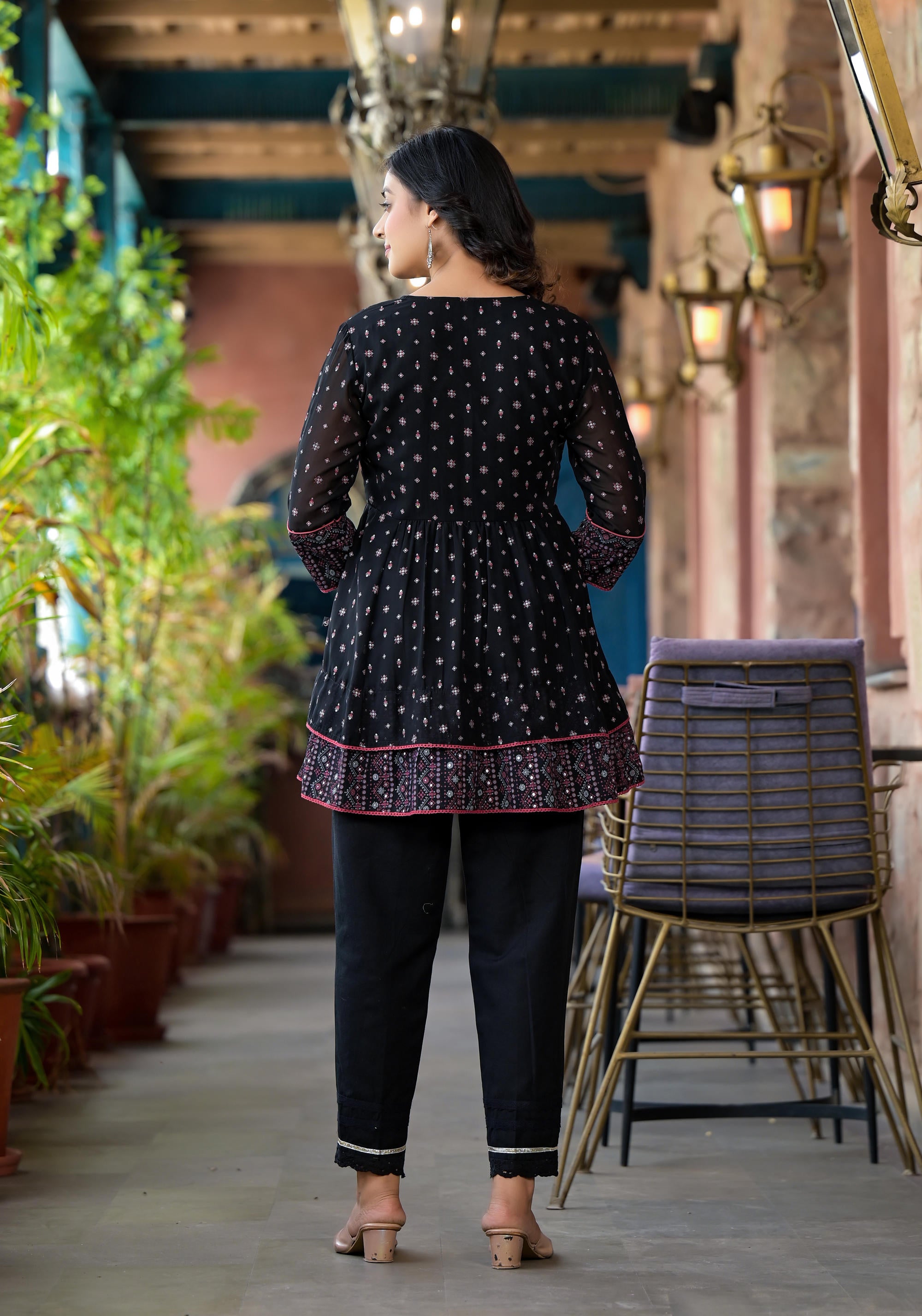 Black Ethnic Motif Printed Georgette A Lined Tunic