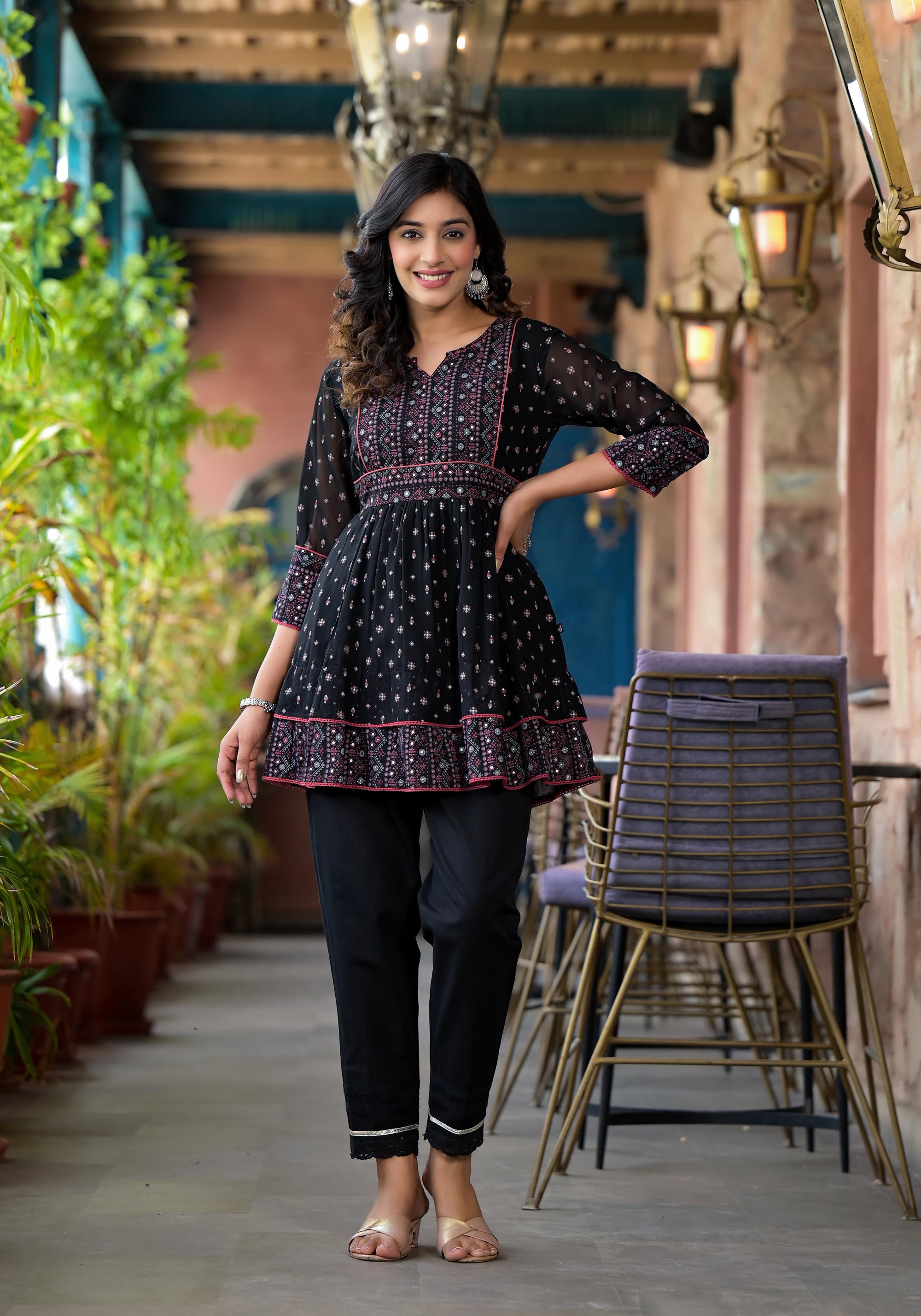 Black Ethnic Motif Printed Georgette A Lined Tunic