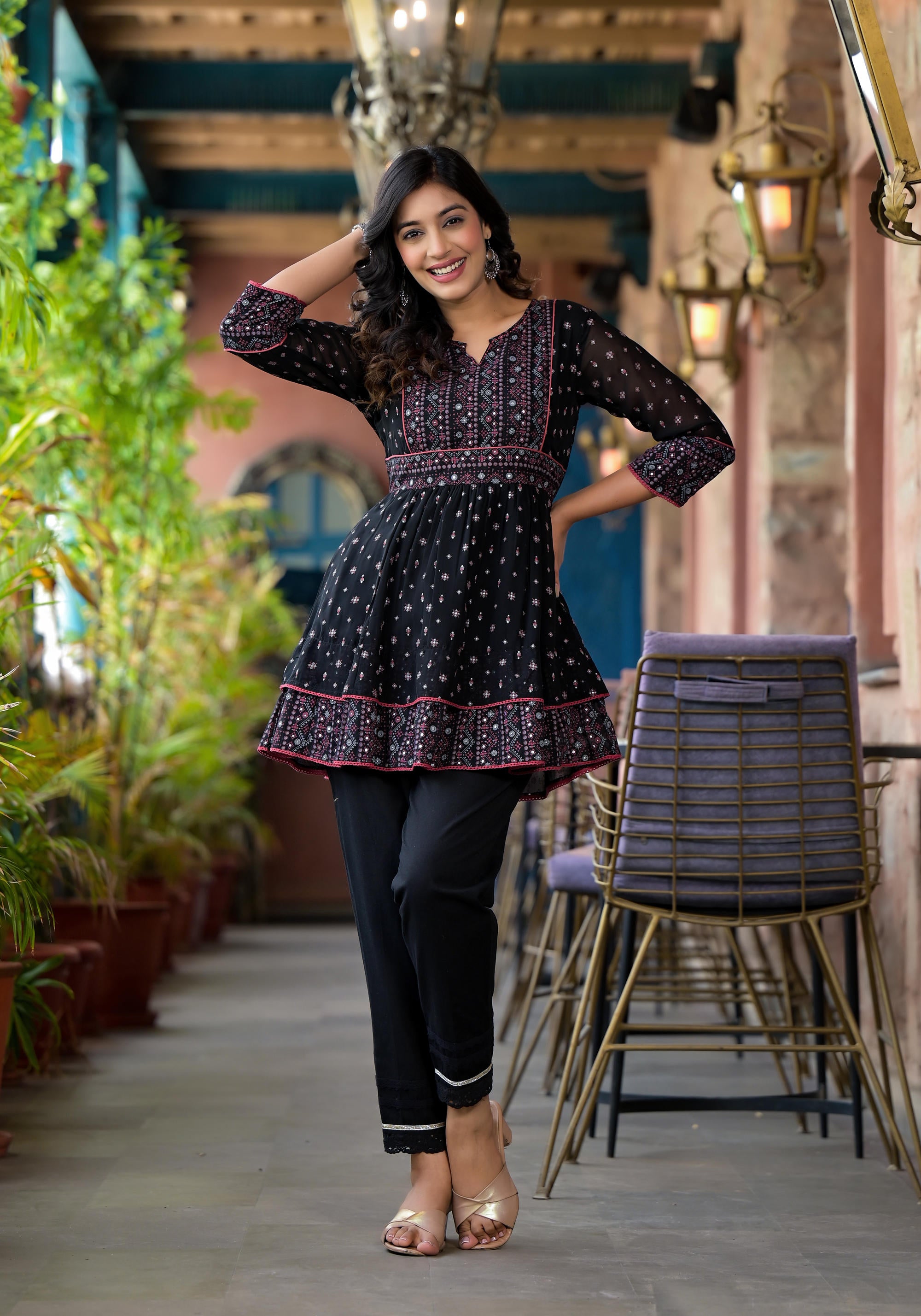 Black Ethnic Motif Printed Georgette A Lined Tunic