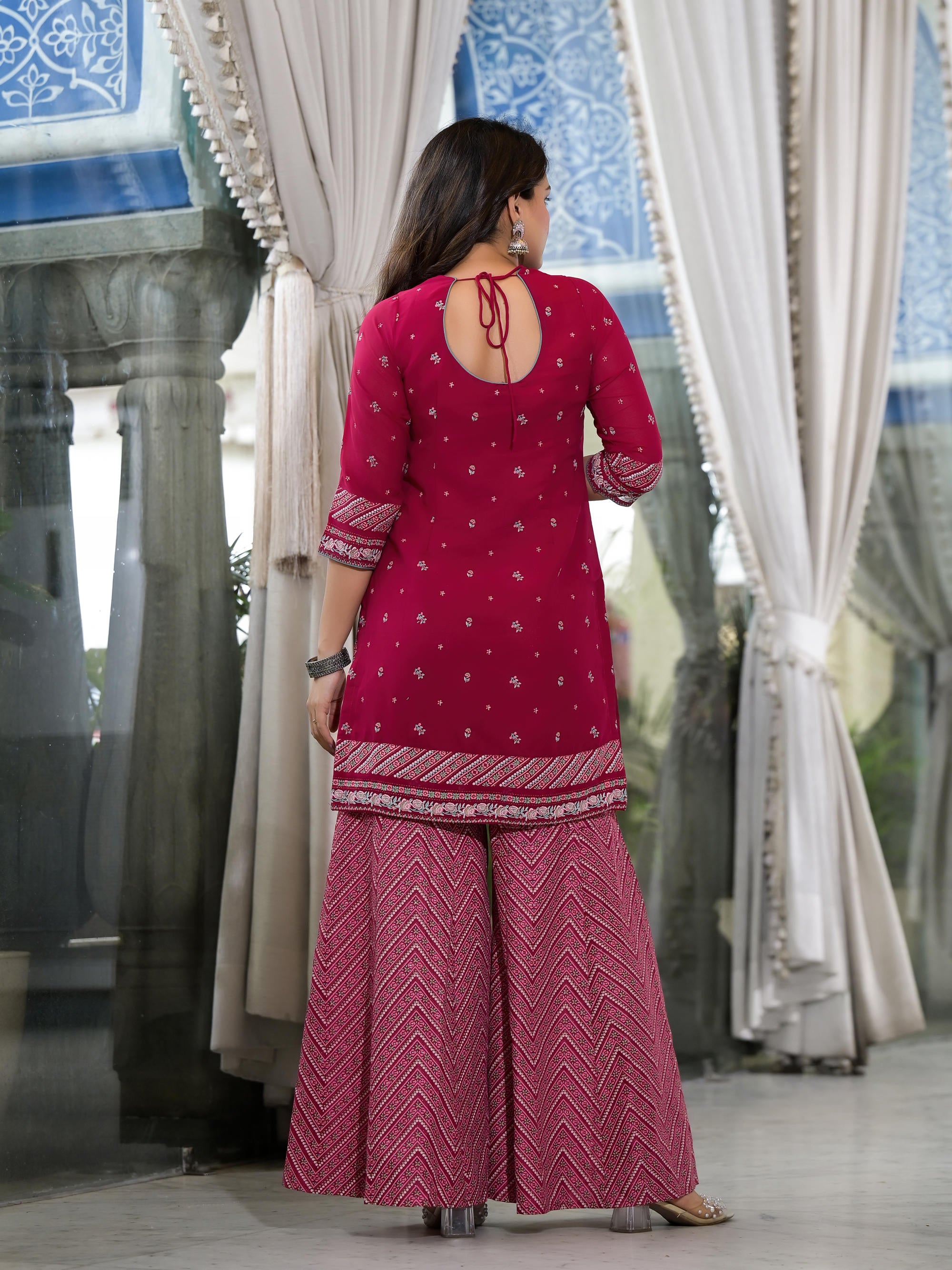 Fuchsia Floral Printed Georgette Kurta Sharara & Dupatta Set With Sequins