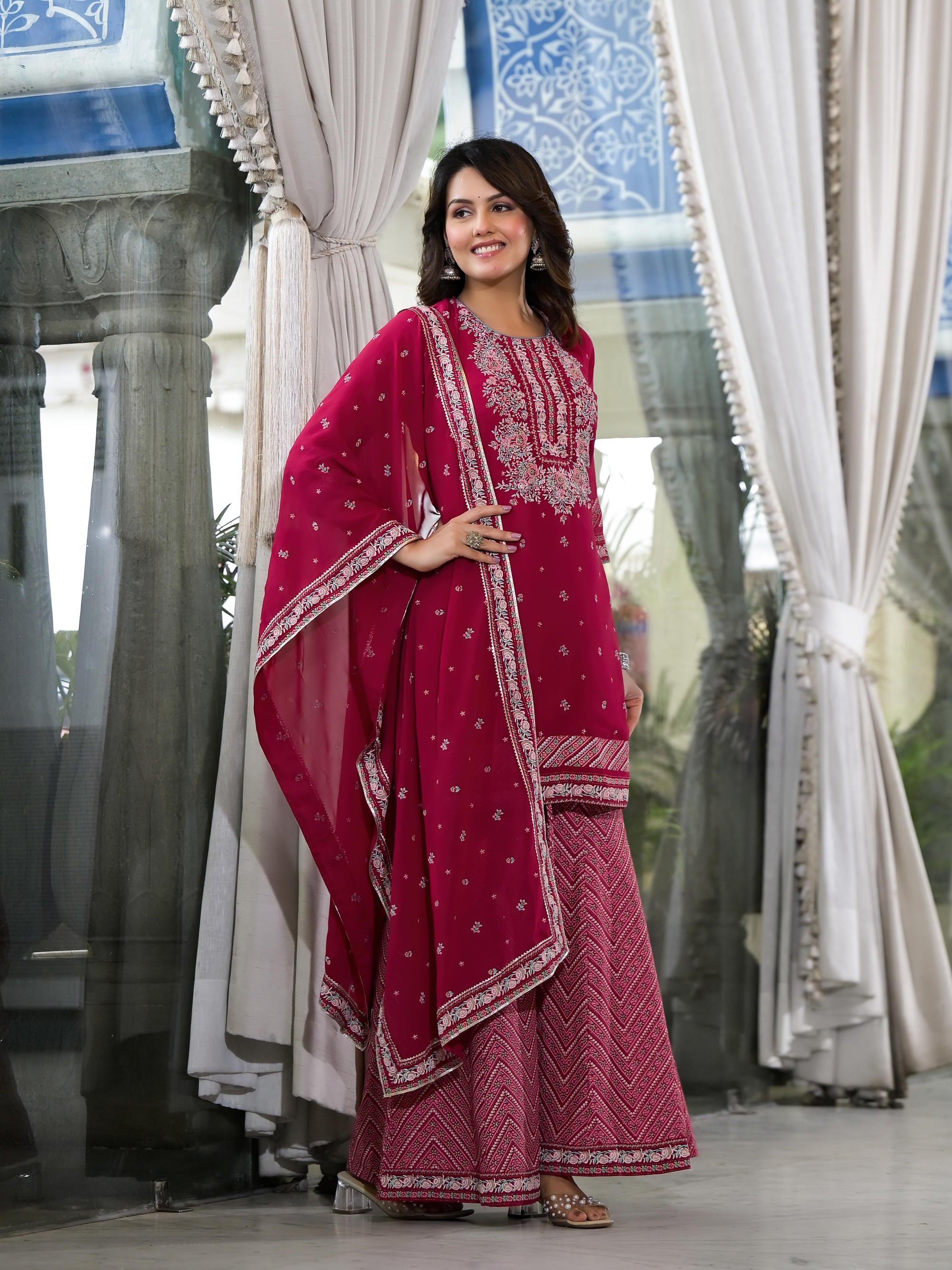 Fuchsia Floral Printed Georgette Kurta Sharara & Dupatta Set With Sequins