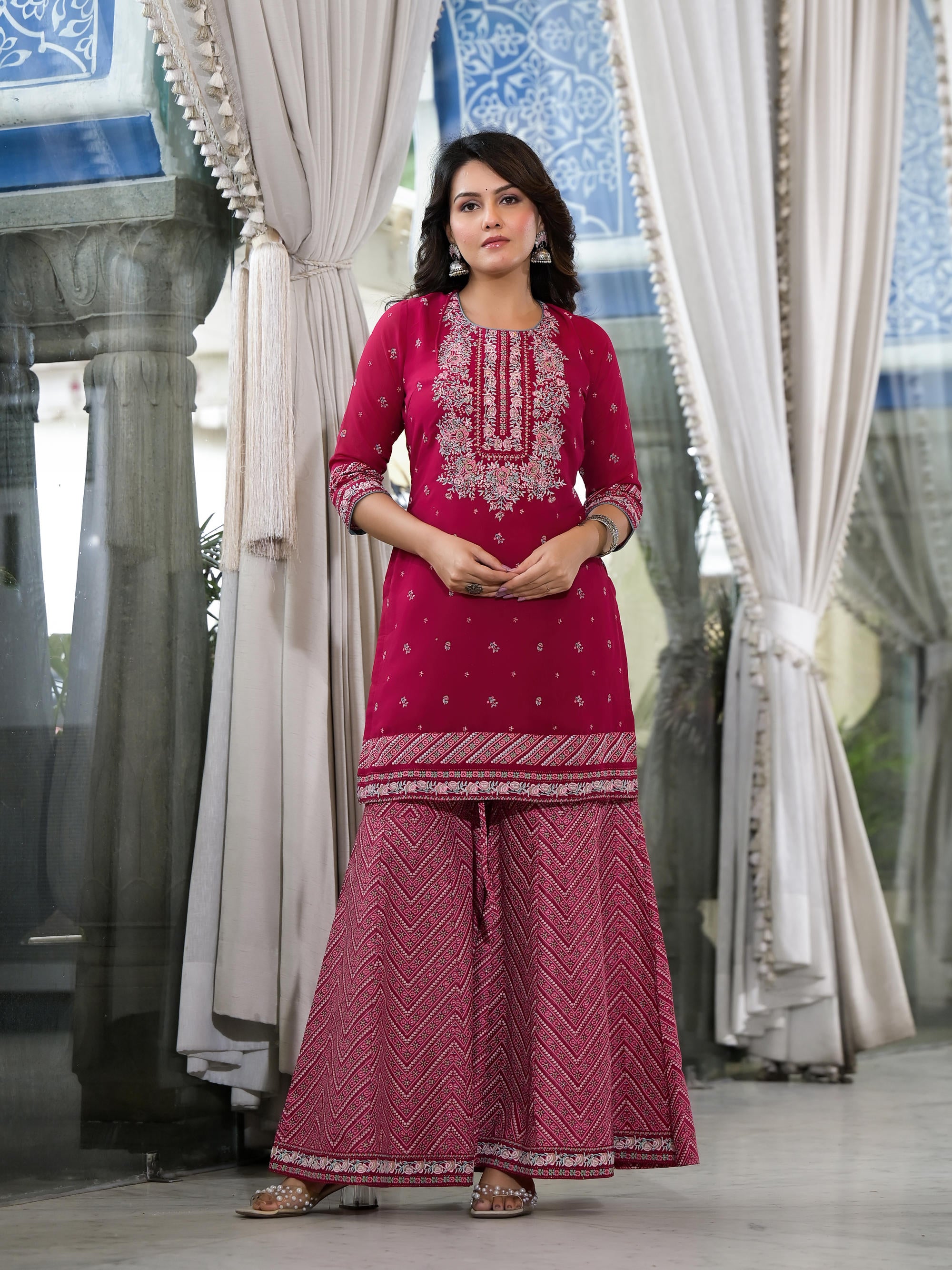 Fuchsia Floral Printed Georgette Kurta Sharara & Dupatta Set With Sequins