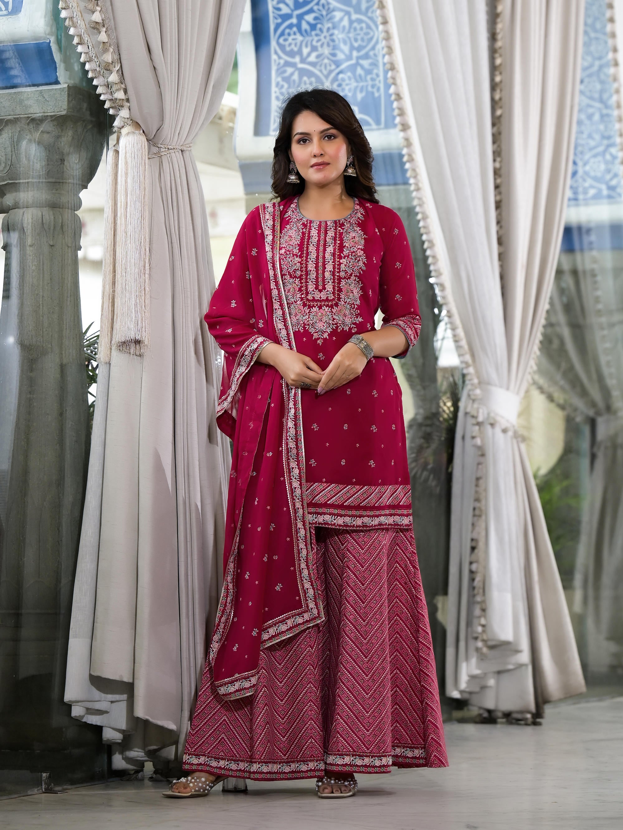 Fuchsia Floral Printed Georgette Kurta Sharara & Dupatta Set With Sequins