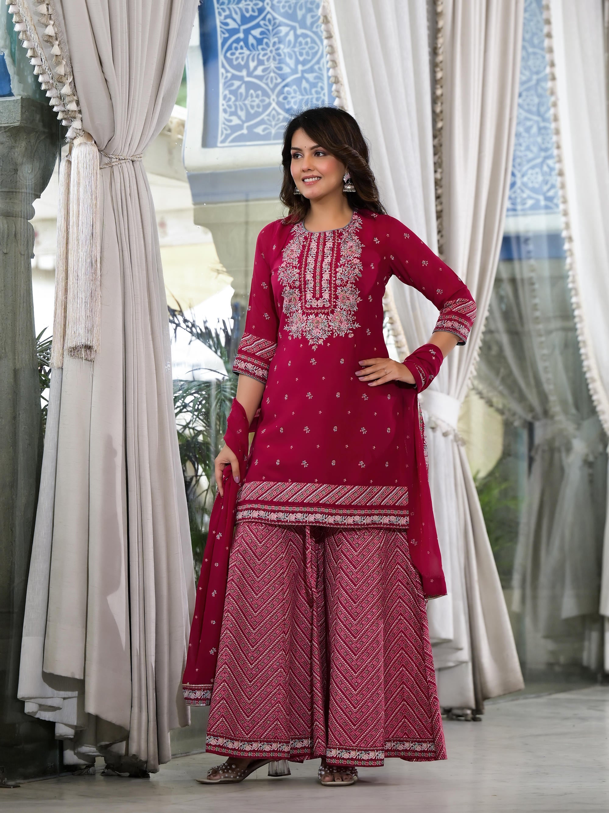 Fuchsia Floral Printed Georgette Kurta Sharara & Dupatta Set With Sequins